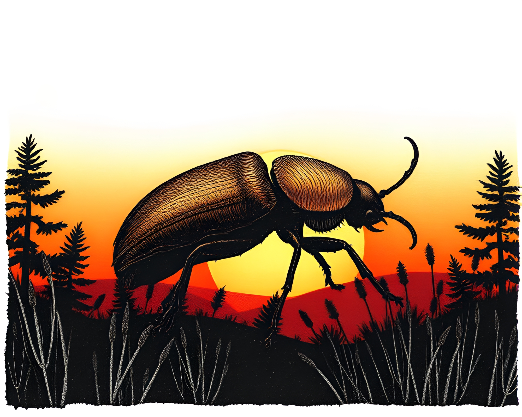 Sunset Beetle: Etched Vignette Border Illustration – free AI stock image