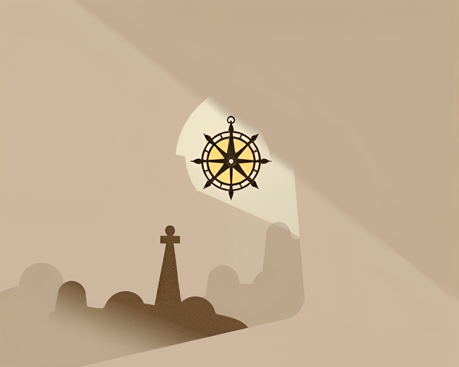 Futuristic collage of pocket sundial with muted shadow details