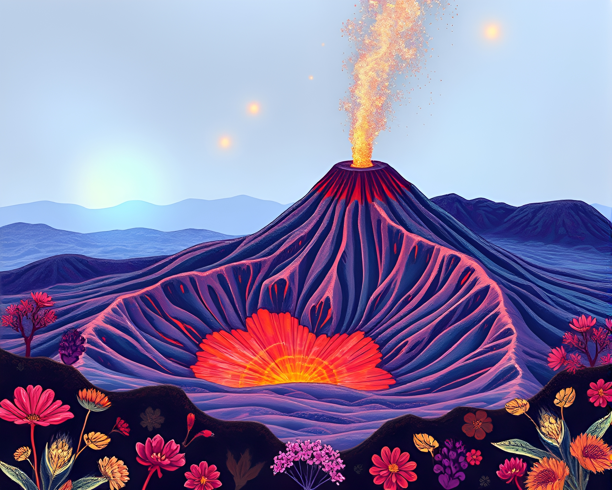 Iridescent Volcano Crater Botanical Illustration – free AI stock image