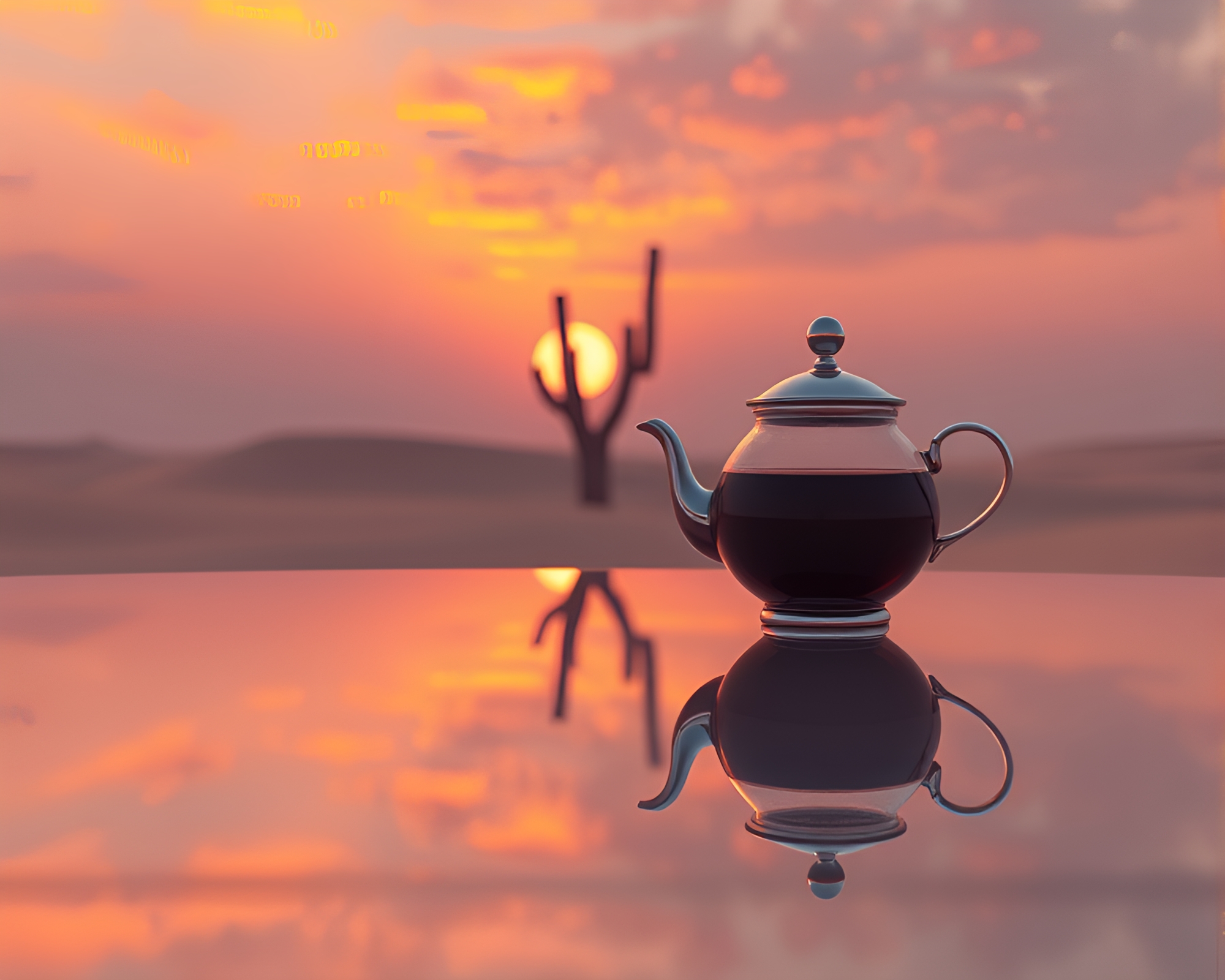 Tea Set Double Reflection at Desert Sunset CGI Render – free AI stock image