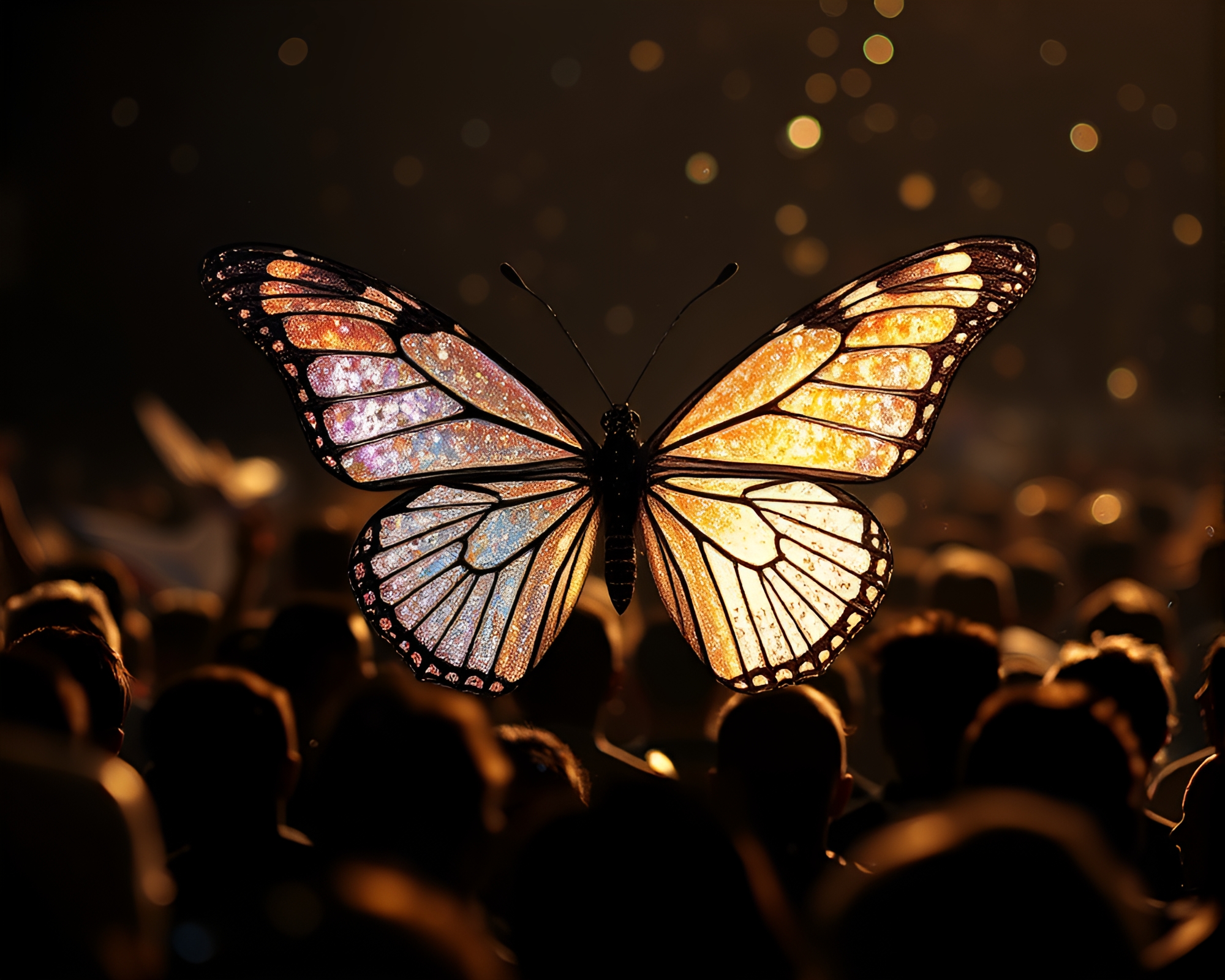Enigmatic Nightfall Gathering with Glistening Silk Butterflies – free AI stock image
