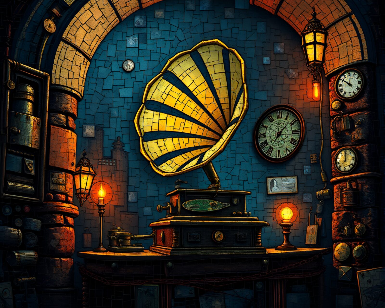 Fragmented mosaic of a steampunk gramophone in dungeon torchlight