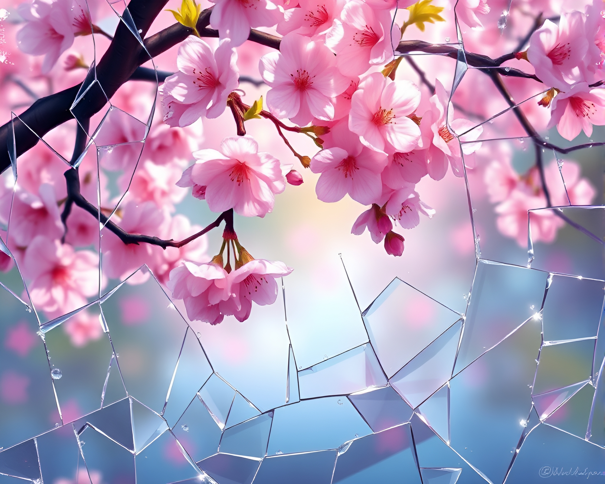 Shattered Glass Reflections of Cherry Blossom Tree – free AI stock image