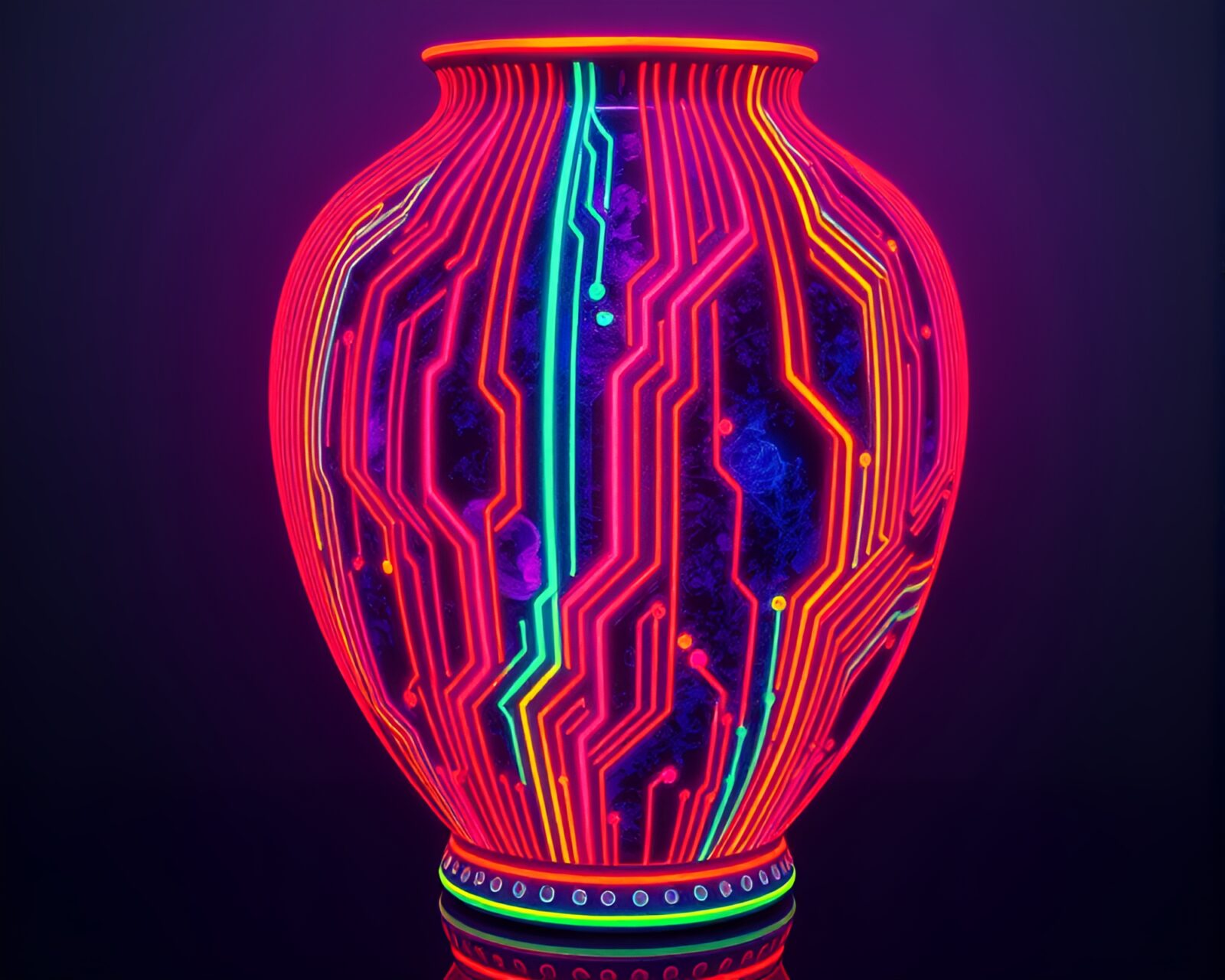 Vibrant neon colors illuminate intricate circuit board traces.