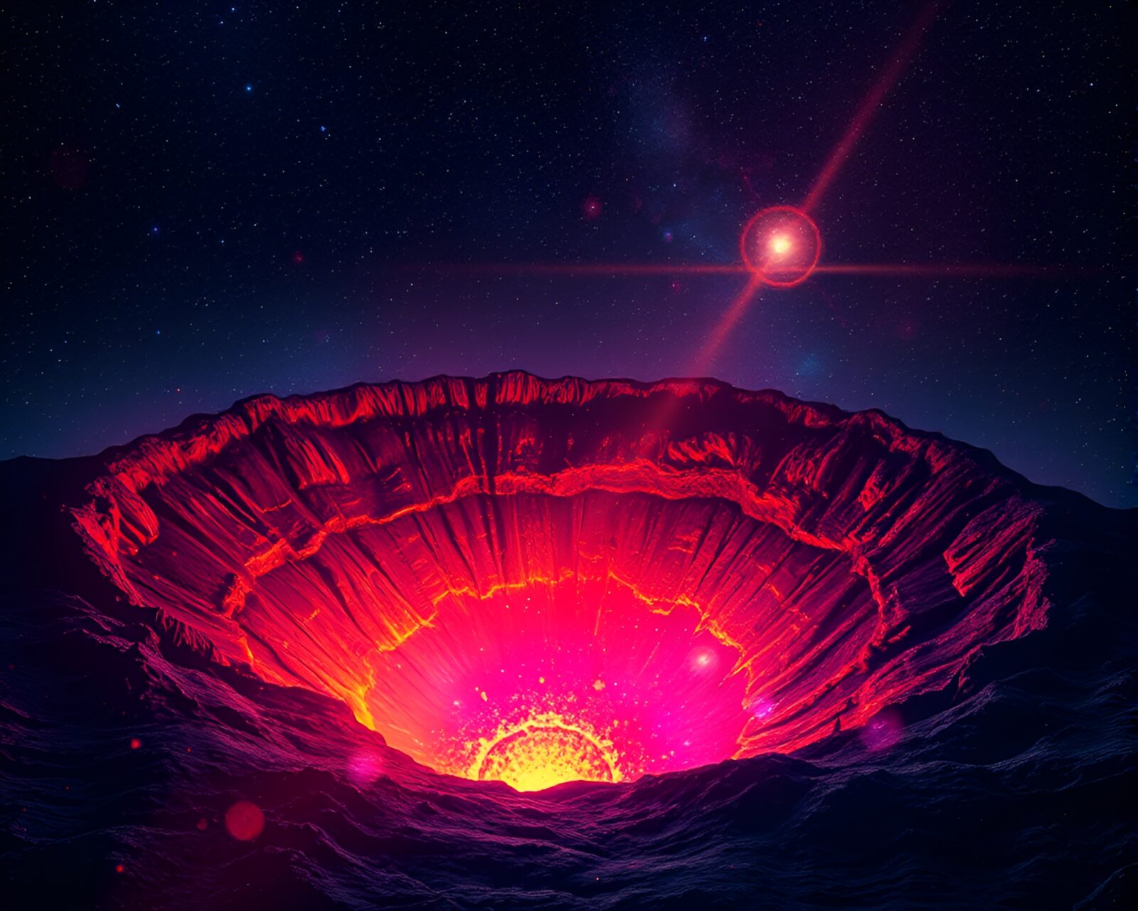 Vibrant lens flare over otherworldly volcanic crater landscape