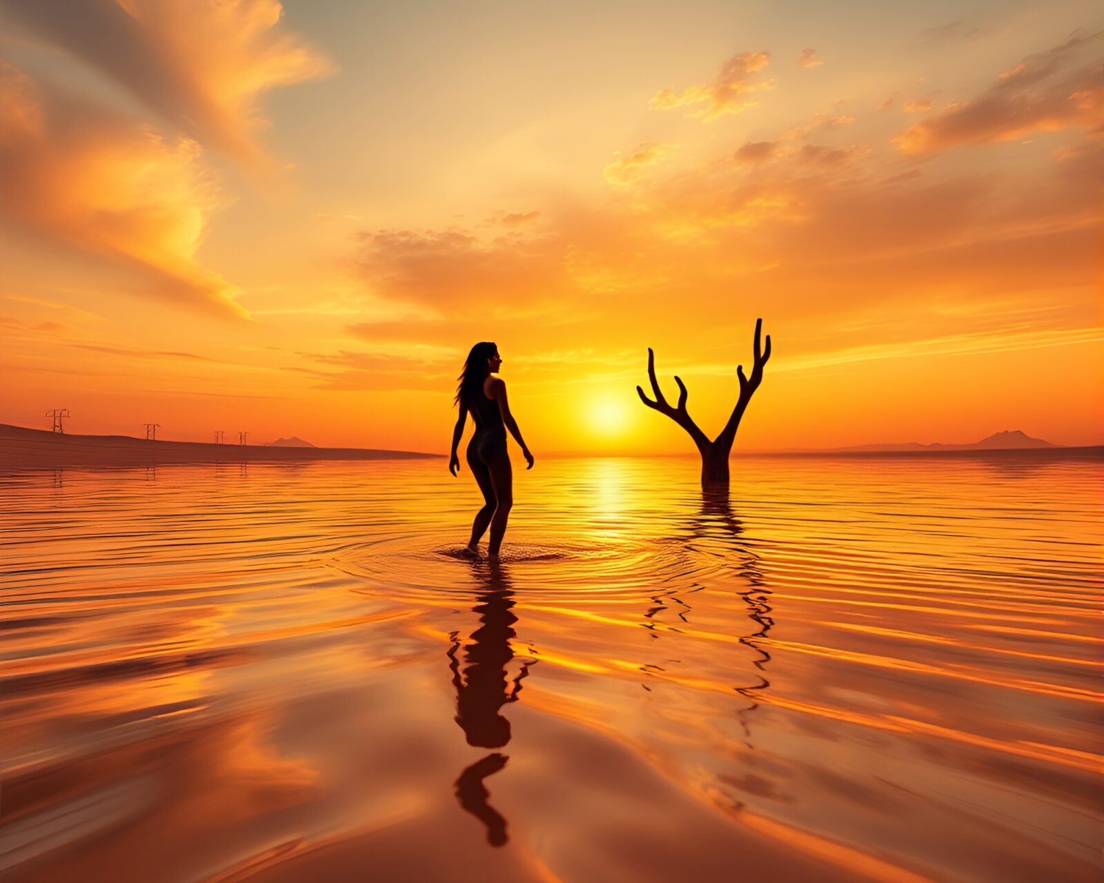 Gorgeous nymph wading in distorted water under desert sky