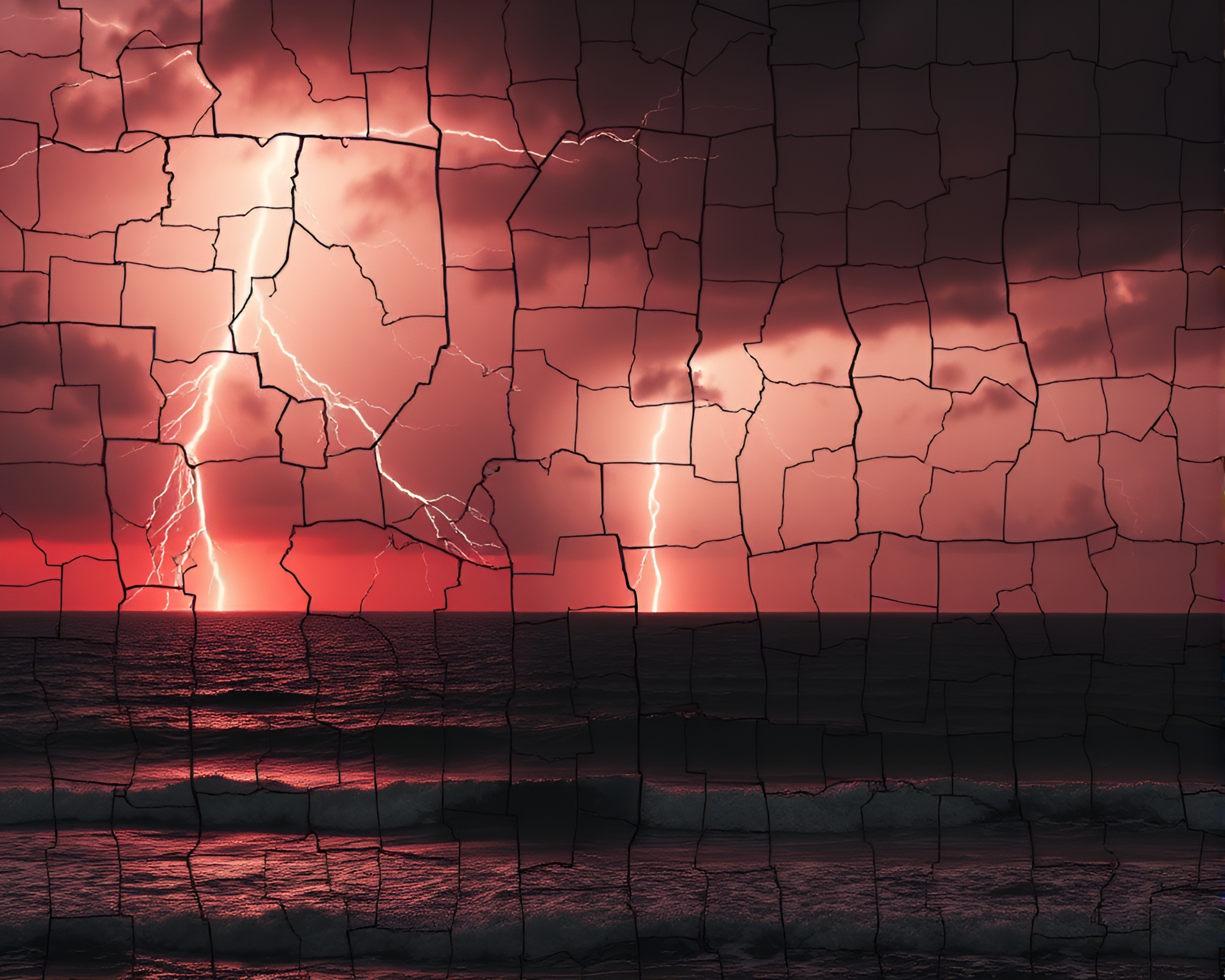 Thunderstorm Ocean Mosaic: Monochrome Red Fragmented Beauty – free AI stock image