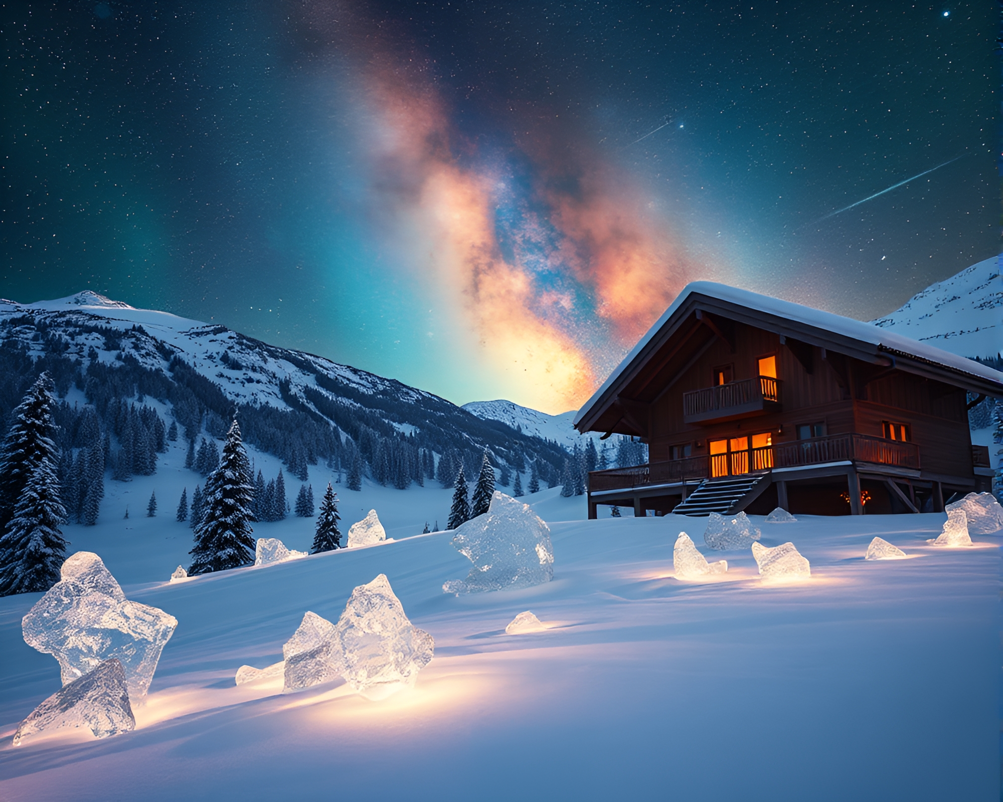 Mystical Ice Crystals in Cosmic Alpine Chalet – free AI stock image