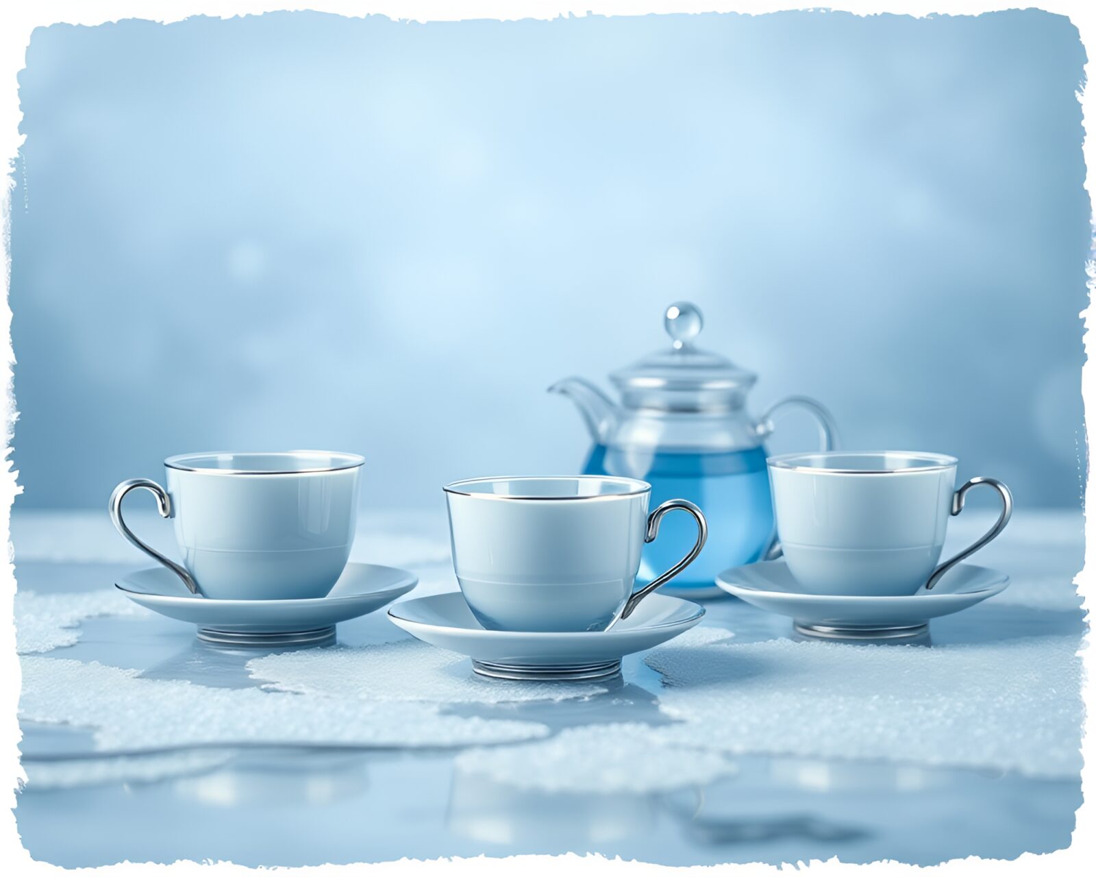 Tea cups and saucers with icy hues and torn edges