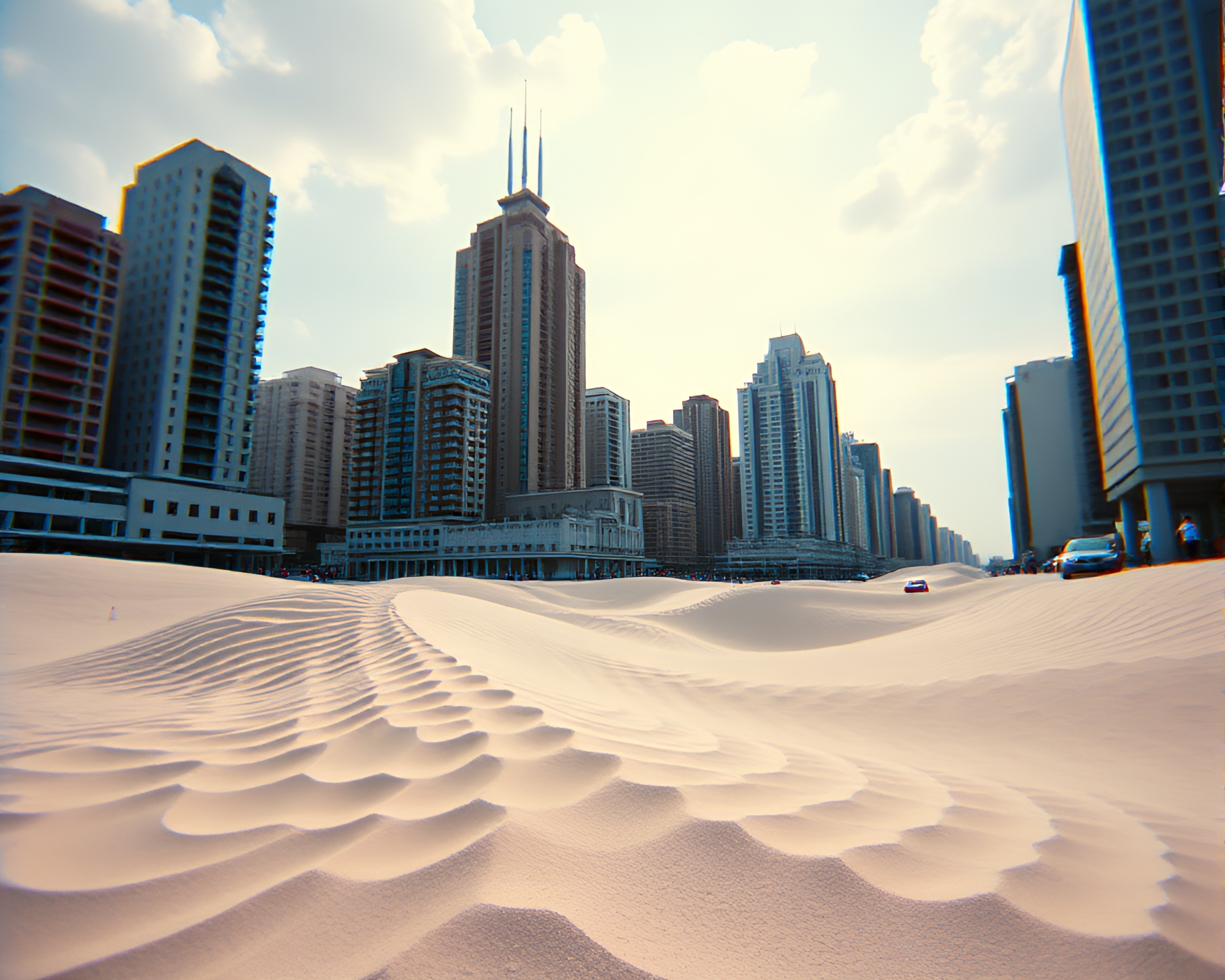 Virtual Urban Sand Storm with VHS Glitch – free AI stock image