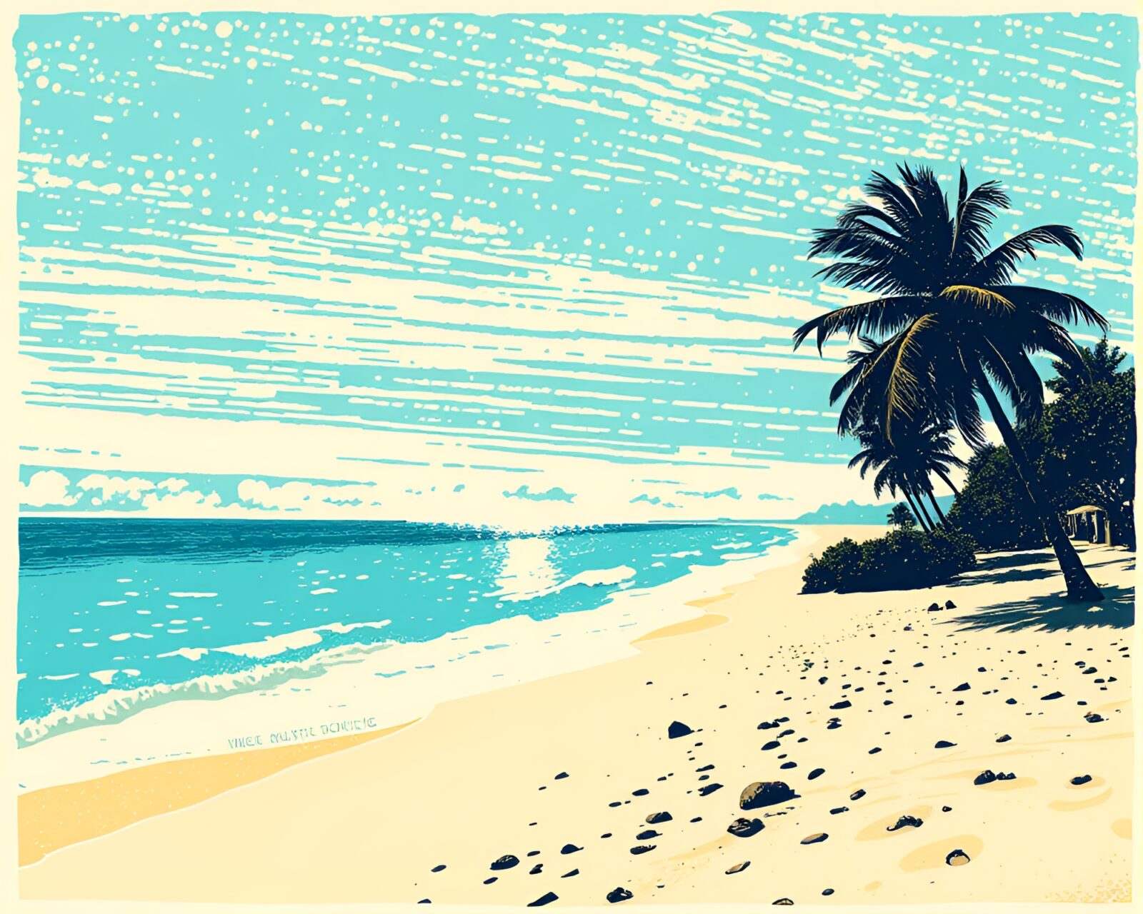 Midday beach scene in data visualization linocut style