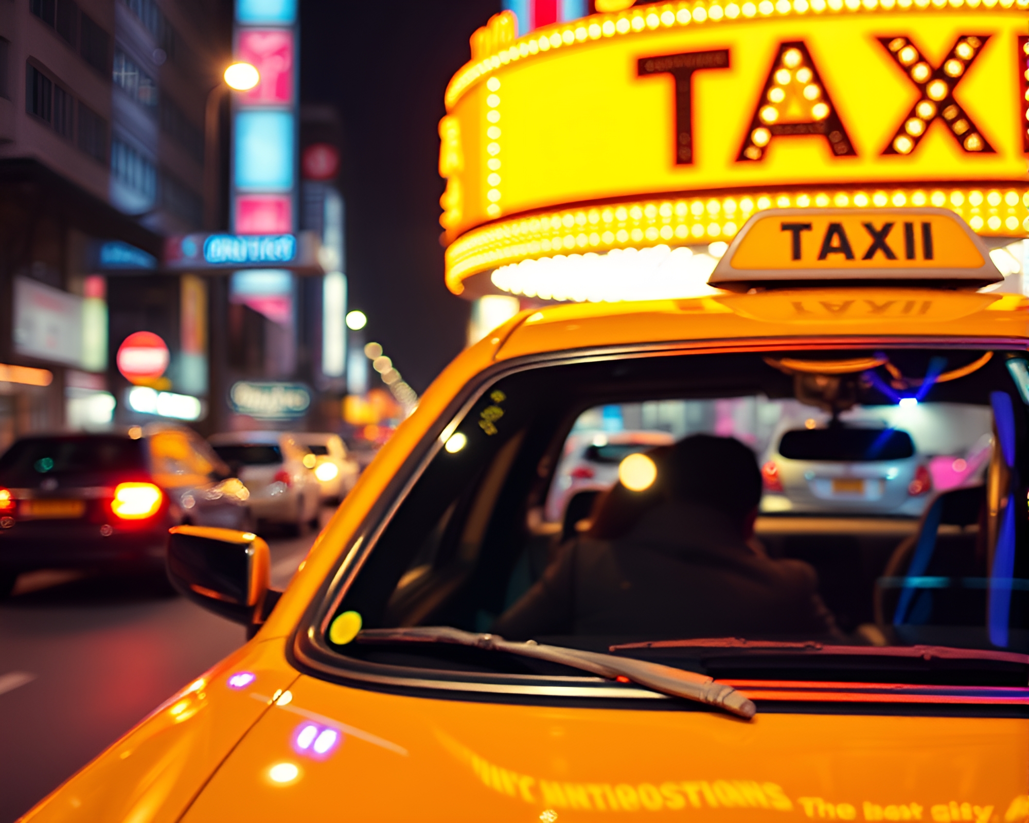 Speeding Taxi amidst Carnival Lights in Comic Book Style – free AI stock image