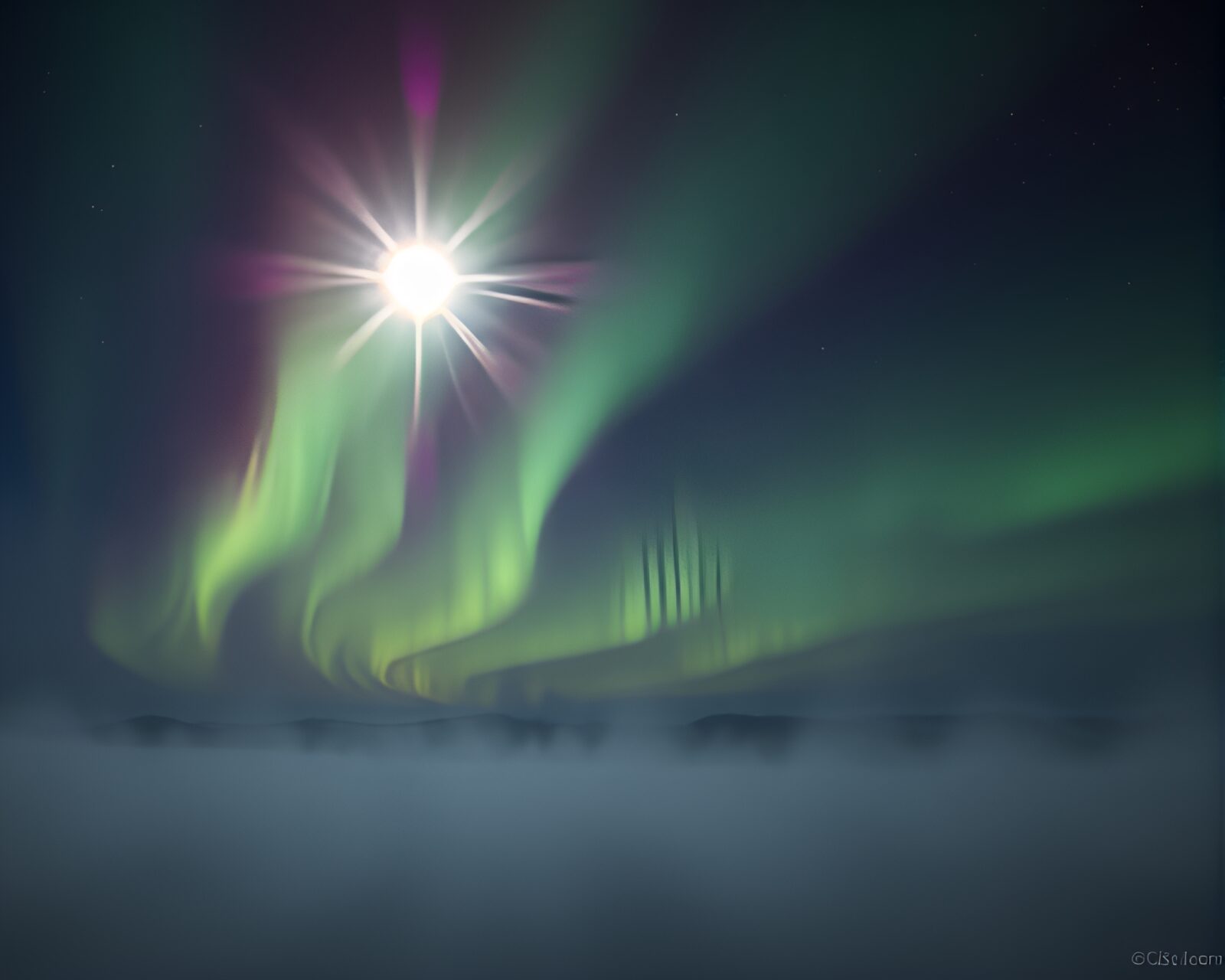 Vivid Northern Lights with shimmering sun rays and deep shadows