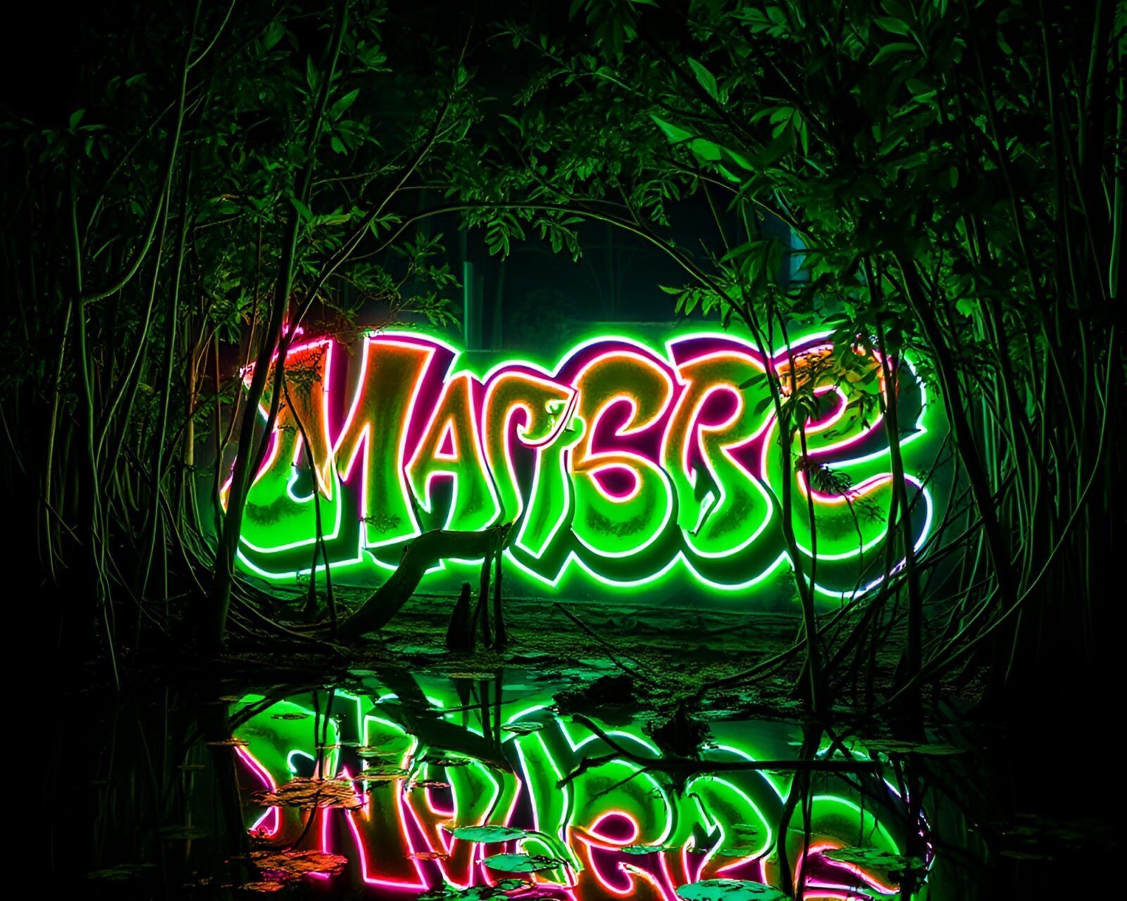 Glowing neon graffiti in a vibrant mangrove swamp setting