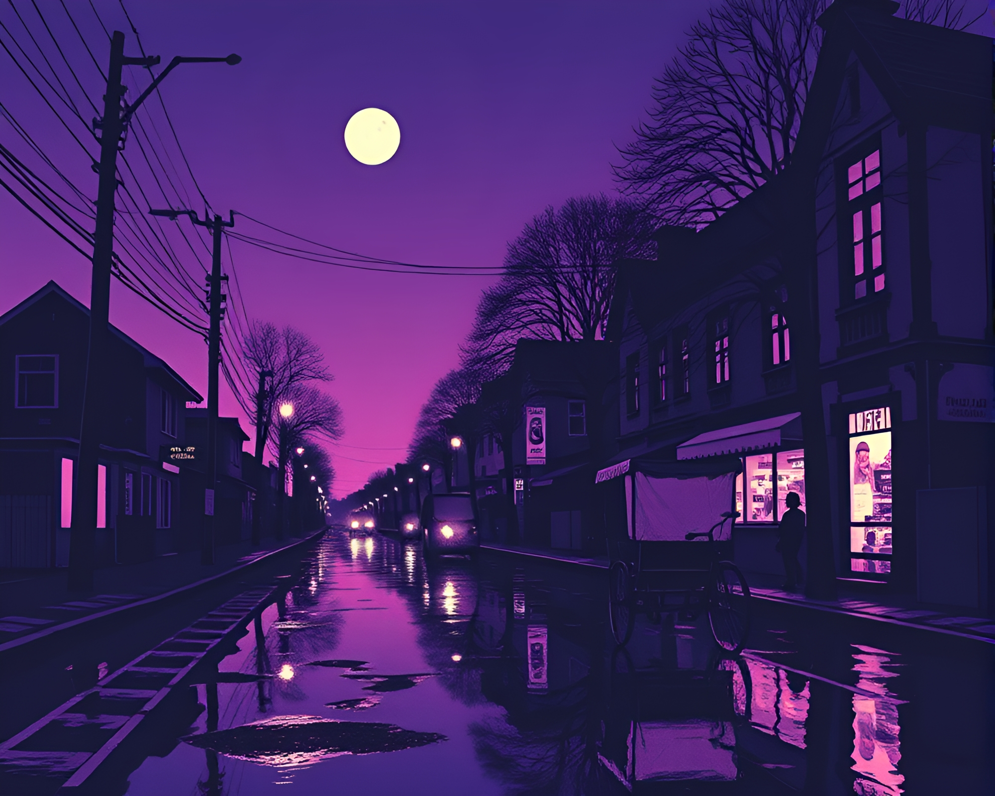 Twilight Purple Rickshaw Double Reflection Linocut Print Art – free AI stock image