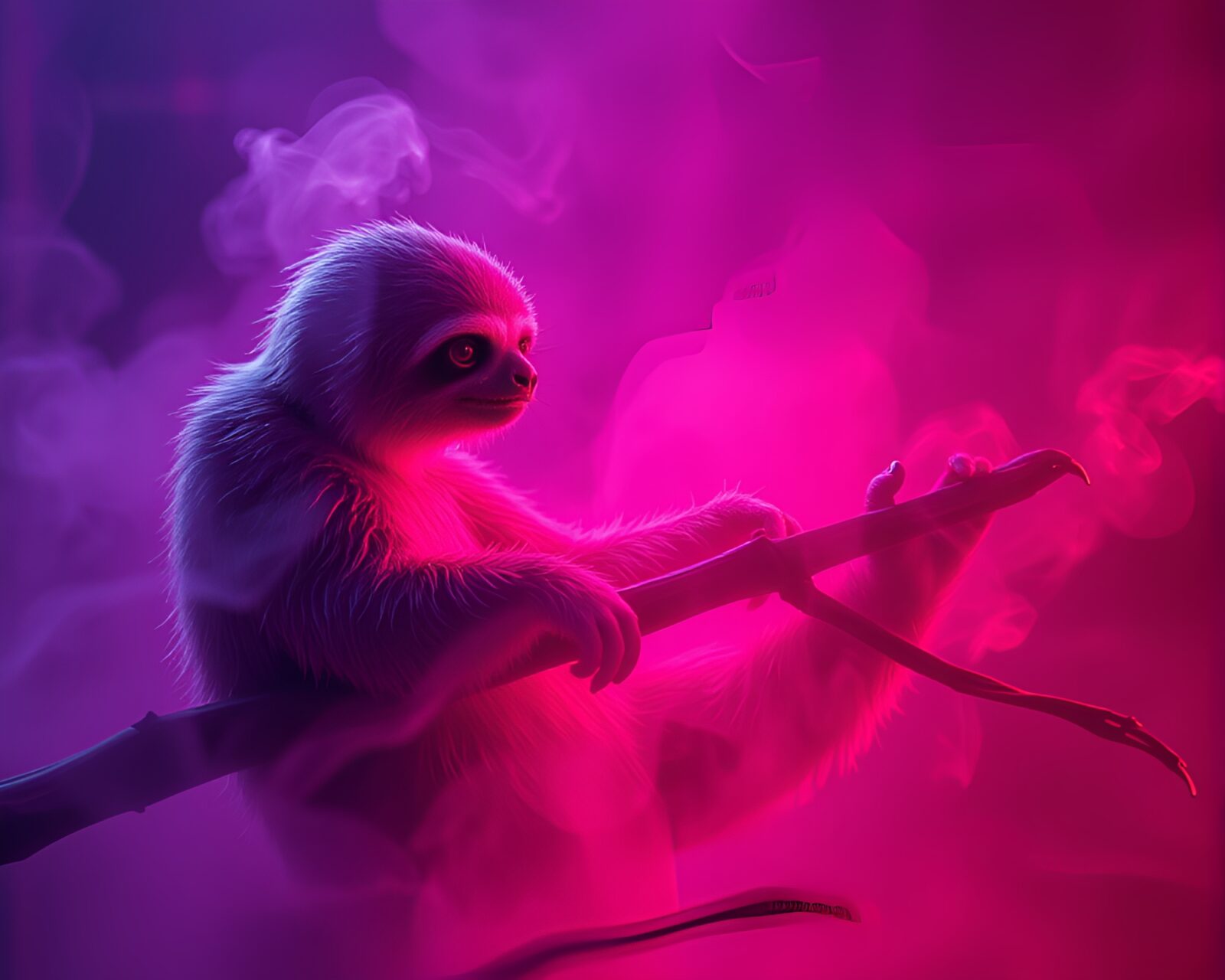 Glowing sloth draped in smoky fabric, neon lights shining