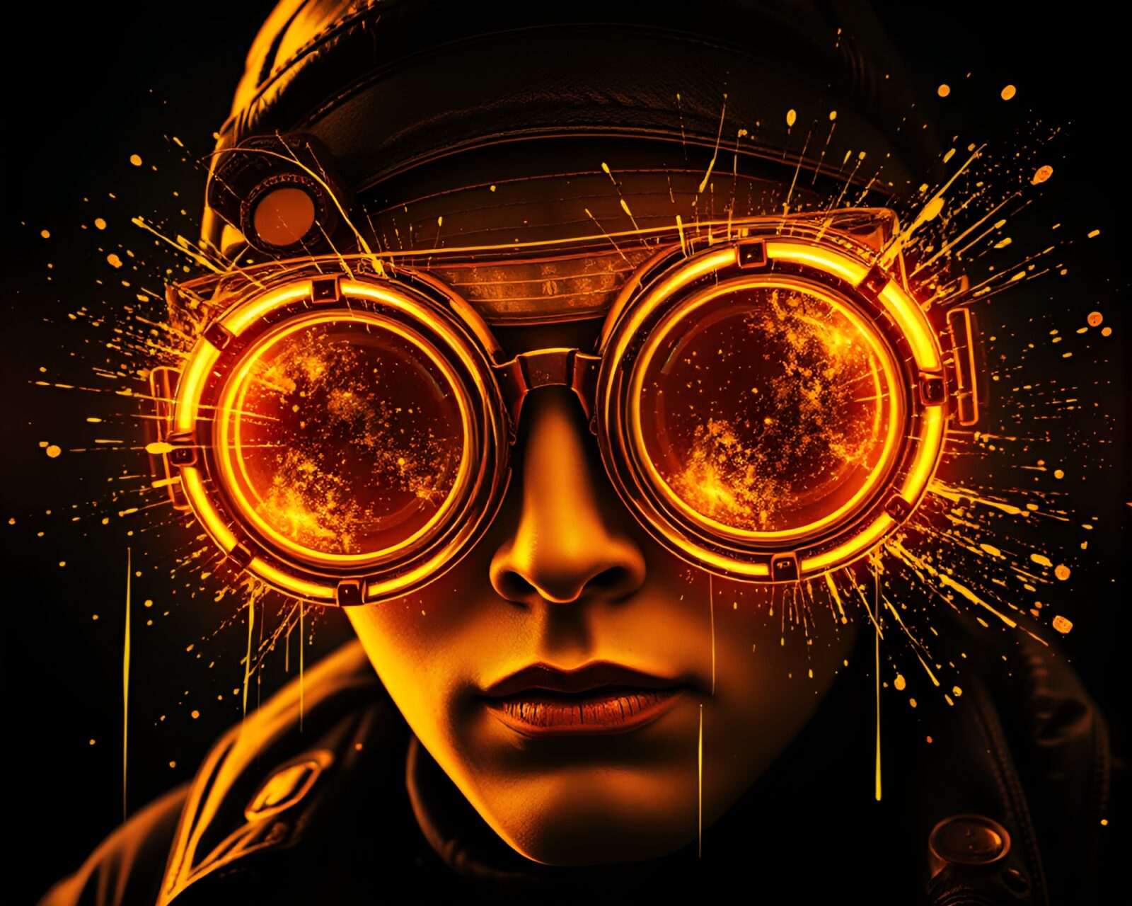 Steampunk goggles in vibrant golden splatter art scene
