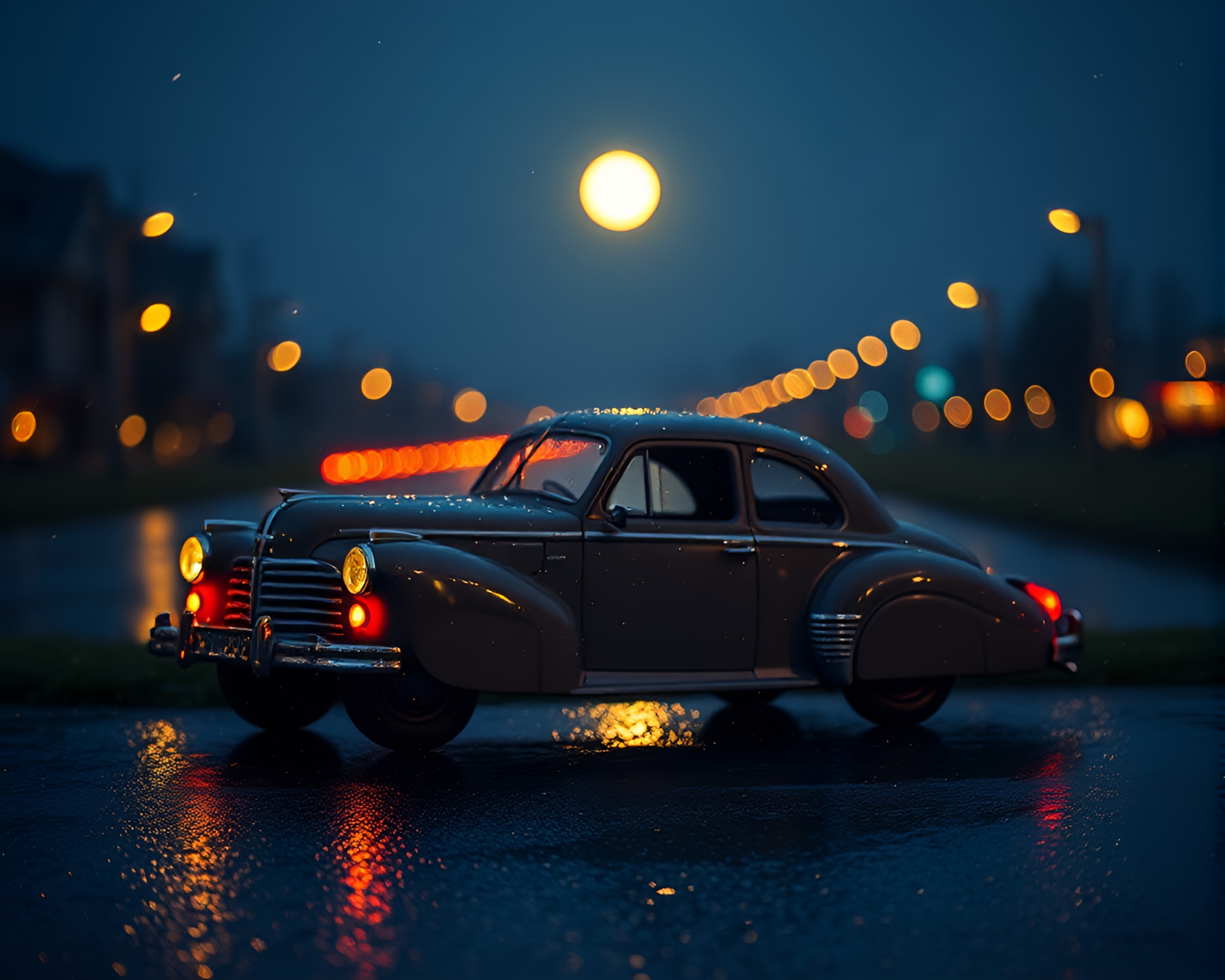 Moonlit Vintage Car Reflections in Wet Glass Beads – free AI stock image
