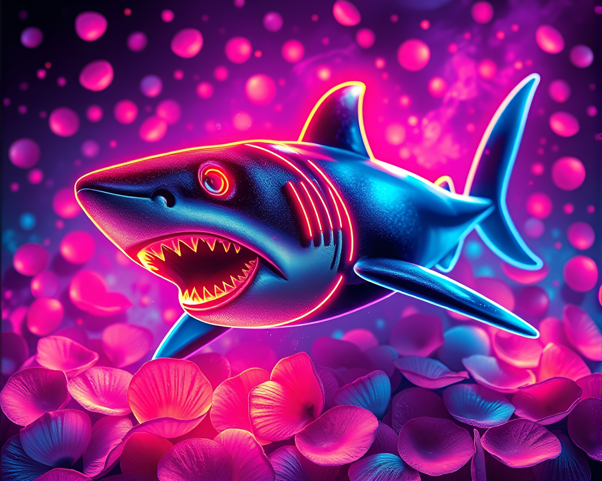 Neon Shark Swimming Through Floral Petals in Etched Cityscape – free AI stock image