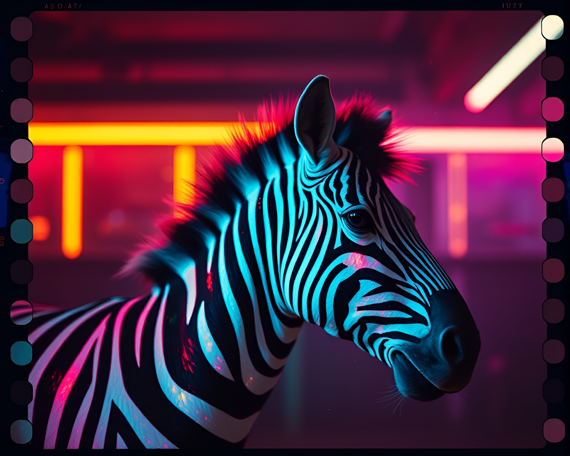 Zebra under galaxy lights with film sprocket holes – free AI stock image