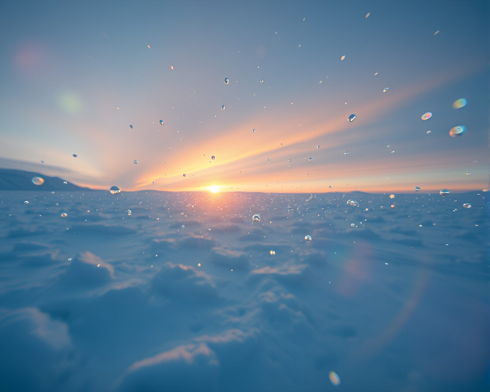Wide shot of nanobot swarm under polar twilight lens flare