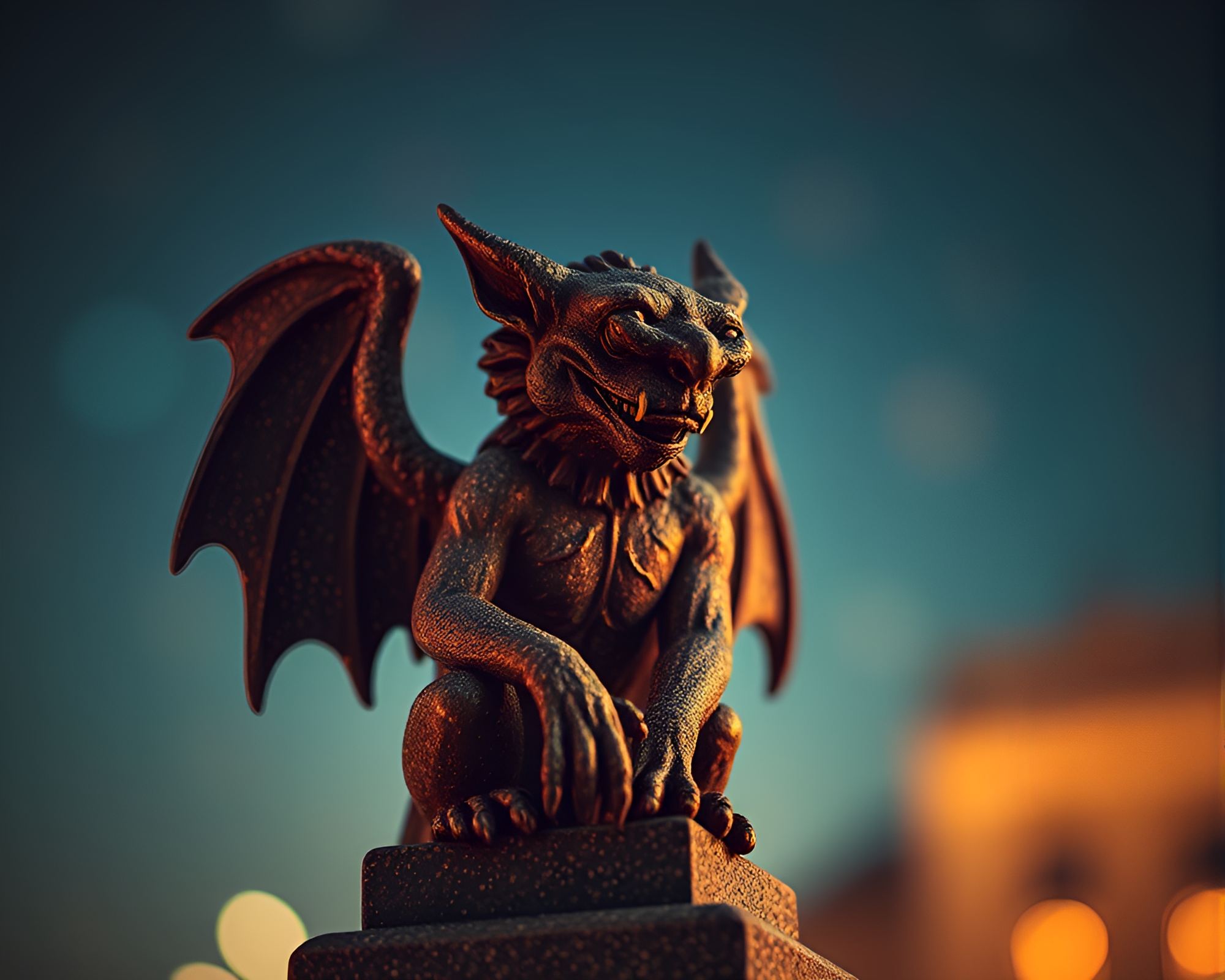 Gargoyle Statue Stippled Artwork with Retro Bokeh Effect – free AI stock image