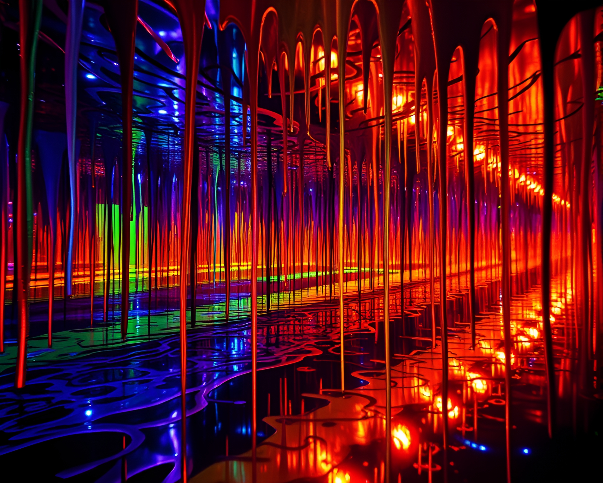Psychedelic Mirror Maze with Paint Drips and Light Trails – free AI stock image