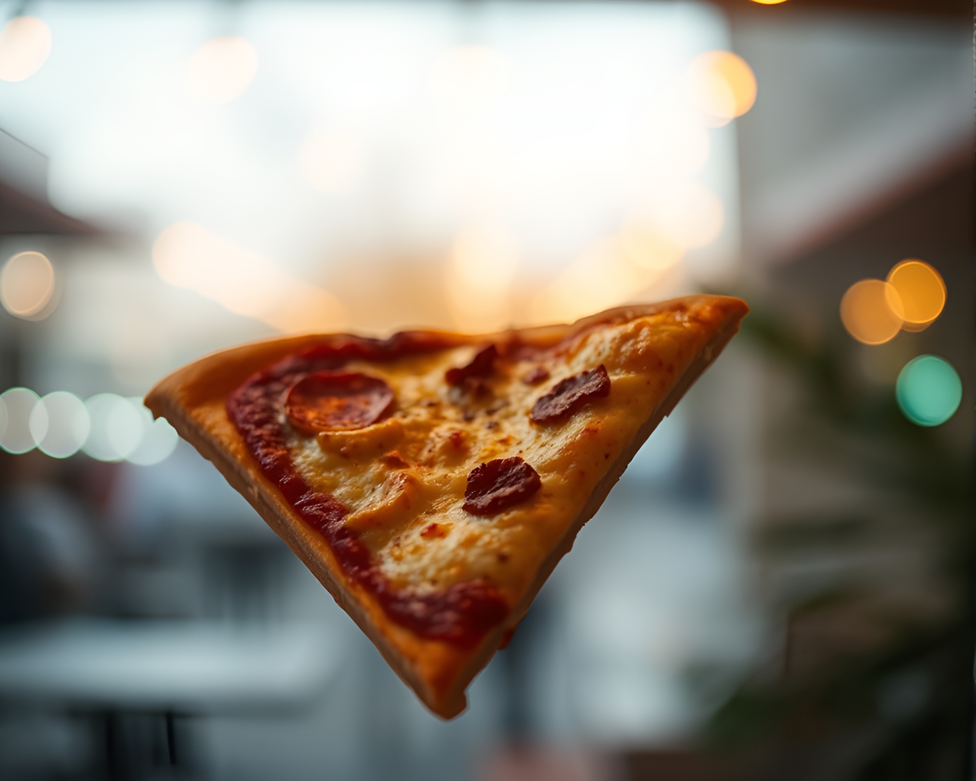 Pizza Slice Reflections in Bokeh Frames – free AI stock image