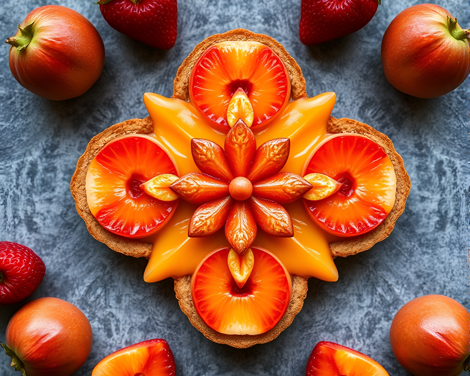 Symmetrical Bio-Organic Fruit Tart Gleaming in Peachy Glow – free AI stock image