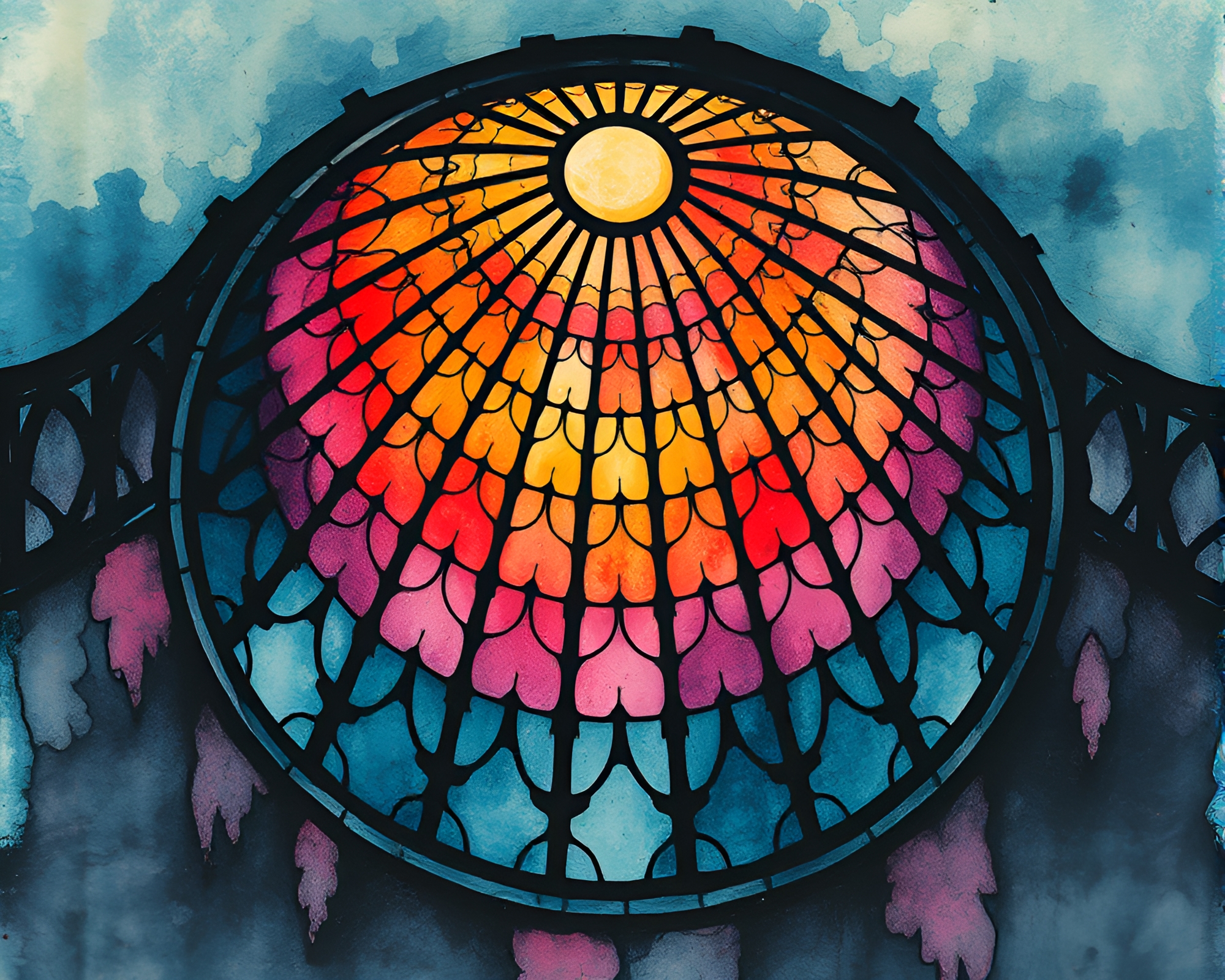 Surreal Stained Glass Dome in Sumi-e Colors – free AI stock image
