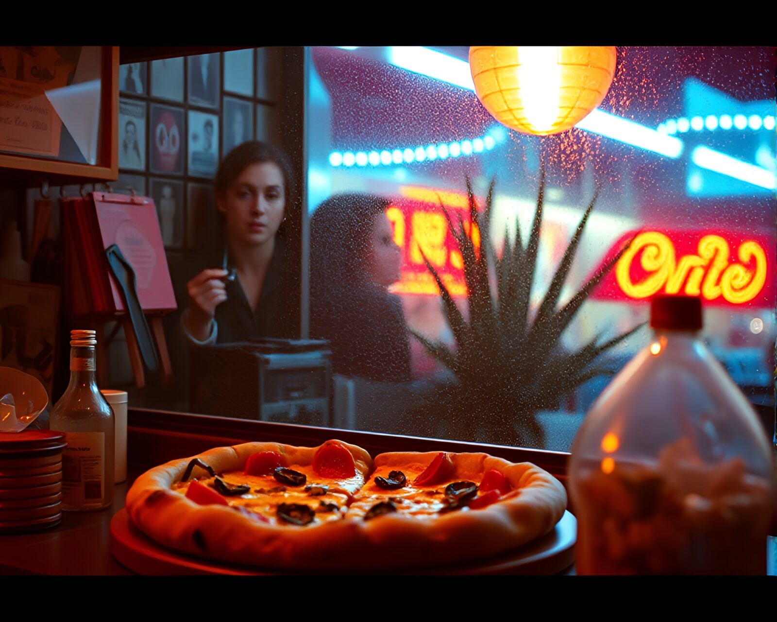 Vintage 80s style portrait with pizza slice in copper tones