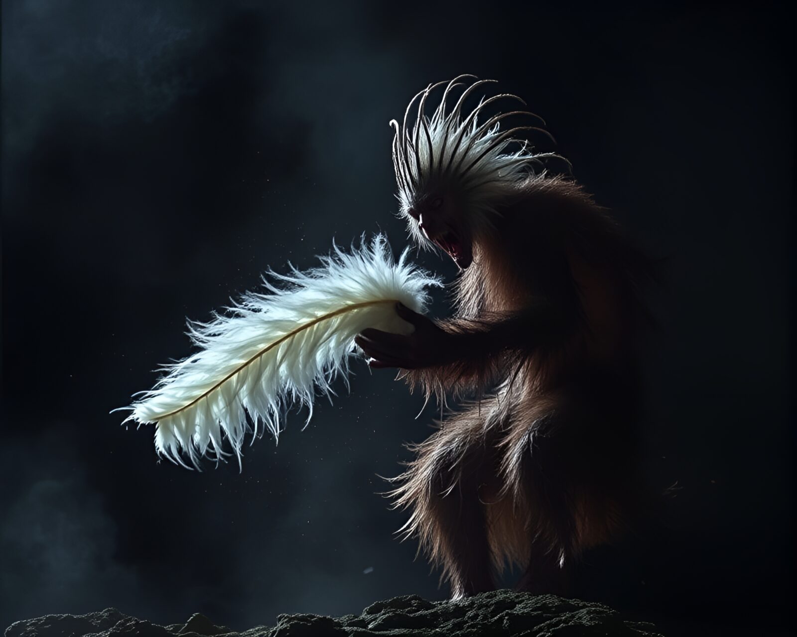Strange golem being dusted with feathers in dimly lit room