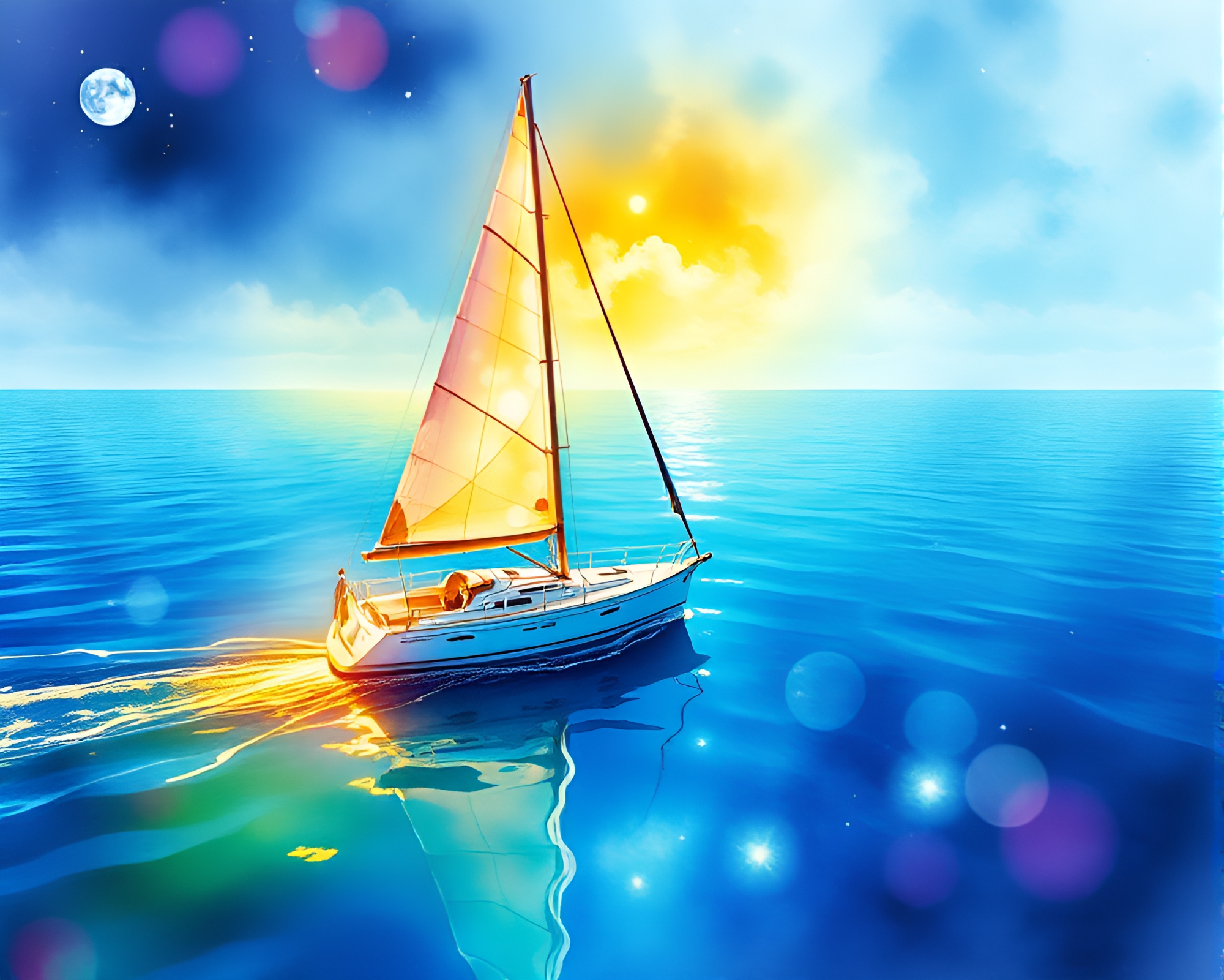 Solar Sailboat in Wildlife Watercolor with Glossy Highlights – free AI stock image