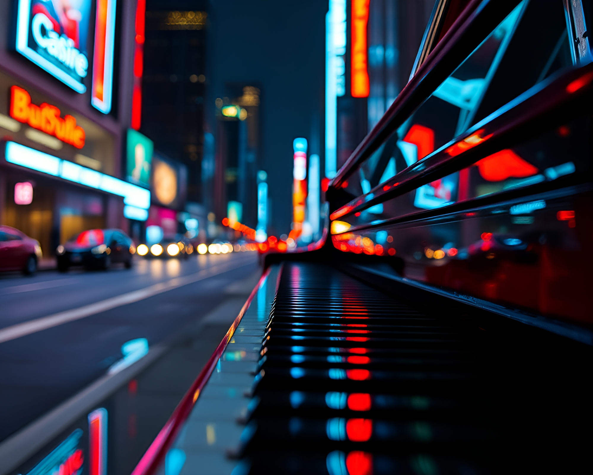 Neon City Piano Reflecting in Chrome Soft Focus – free AI stock image