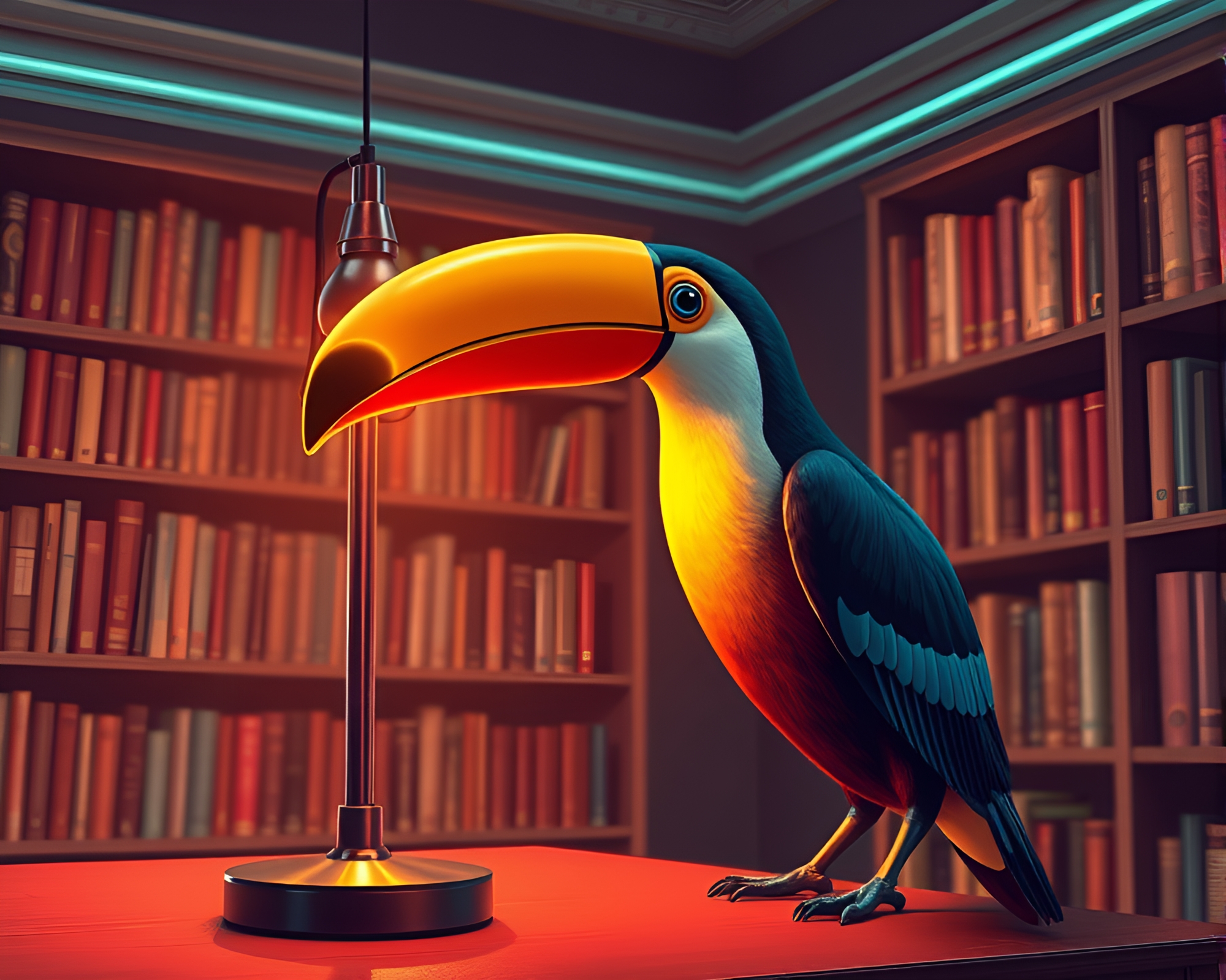 Futuristic Toucan Illuminated in Library Lamp Glow – free AI stock image