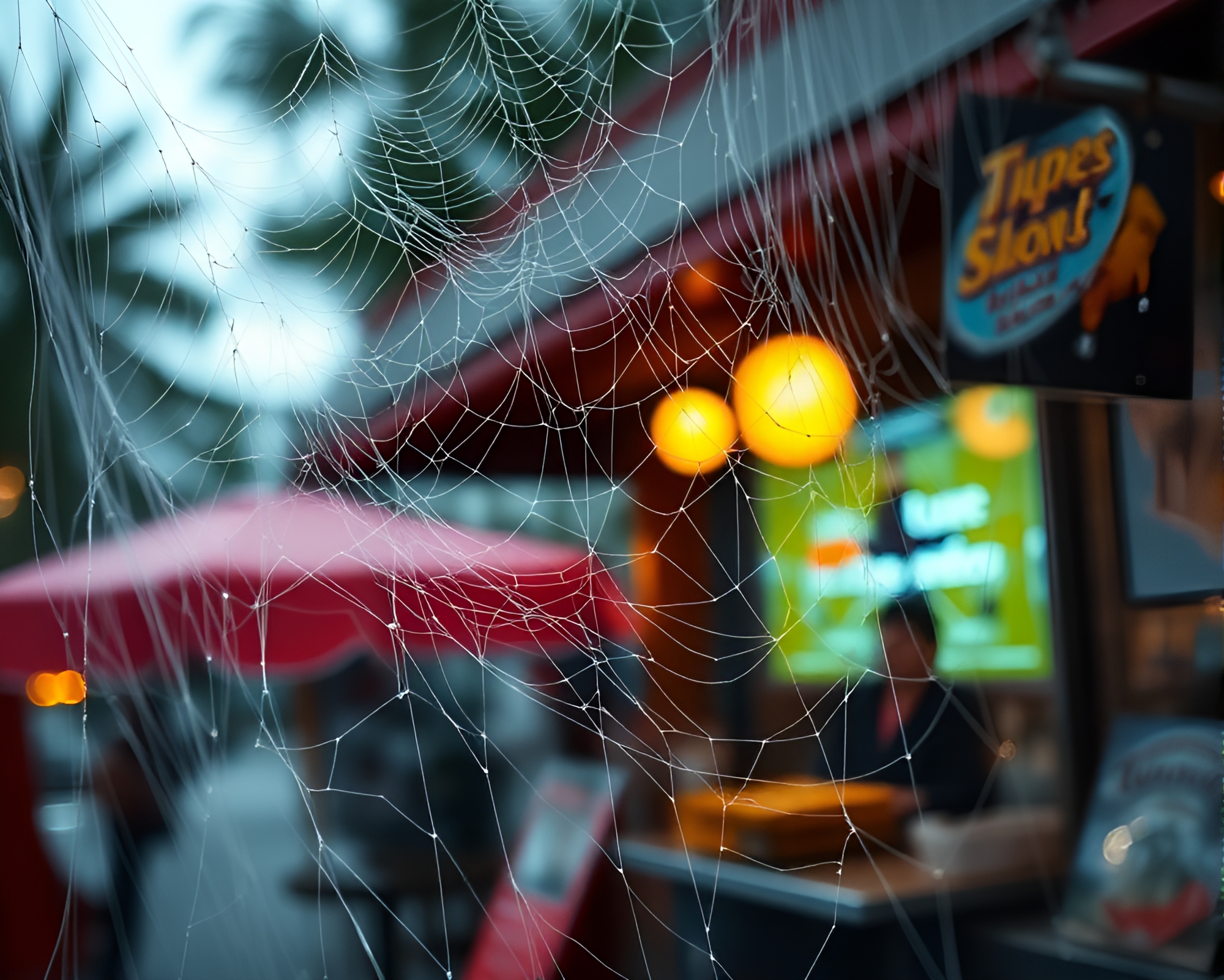 Cubist Taco Stand Enveloped in Cobweb Strands – free AI stock image