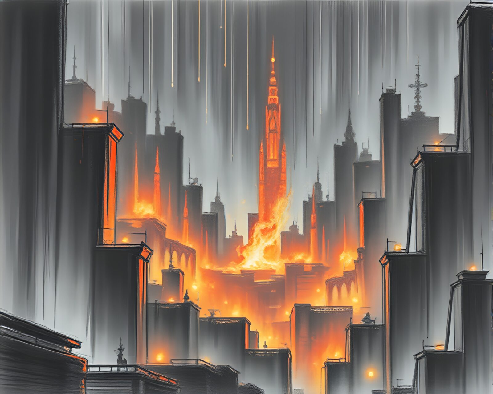 Pencil sketch of ancient scroll glowing under city lights