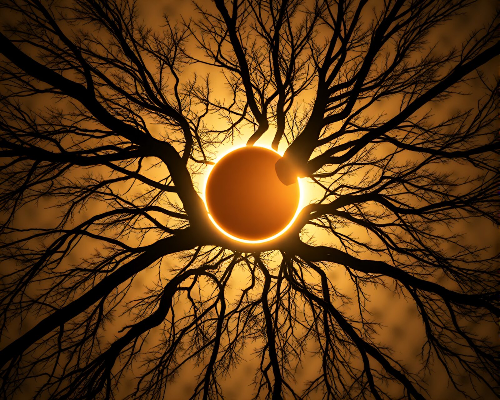 Gorgeous bokeh of a solar eclipse peering through tree rings in smoky haze