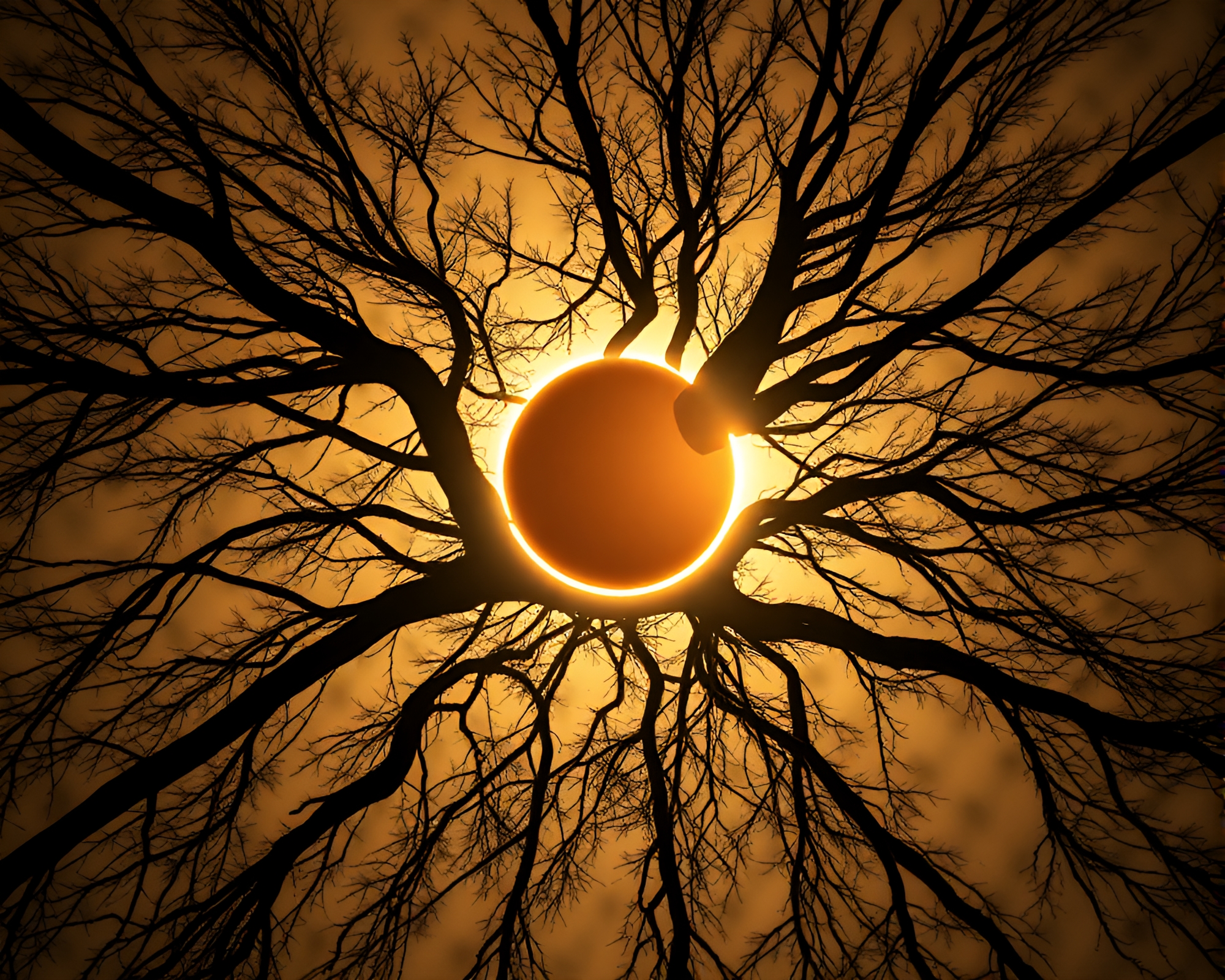 Ethereal Solar Eclipse through Smoky Tree Rings – free AI stock image