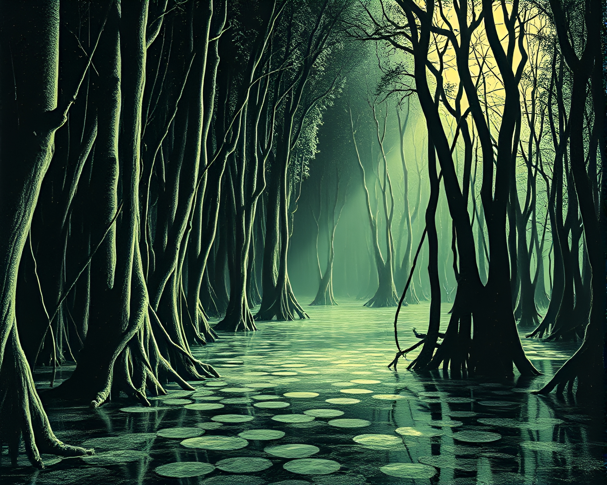 Mangrove Throne Room: Linocut Selective Color Fantasy – free AI stock image