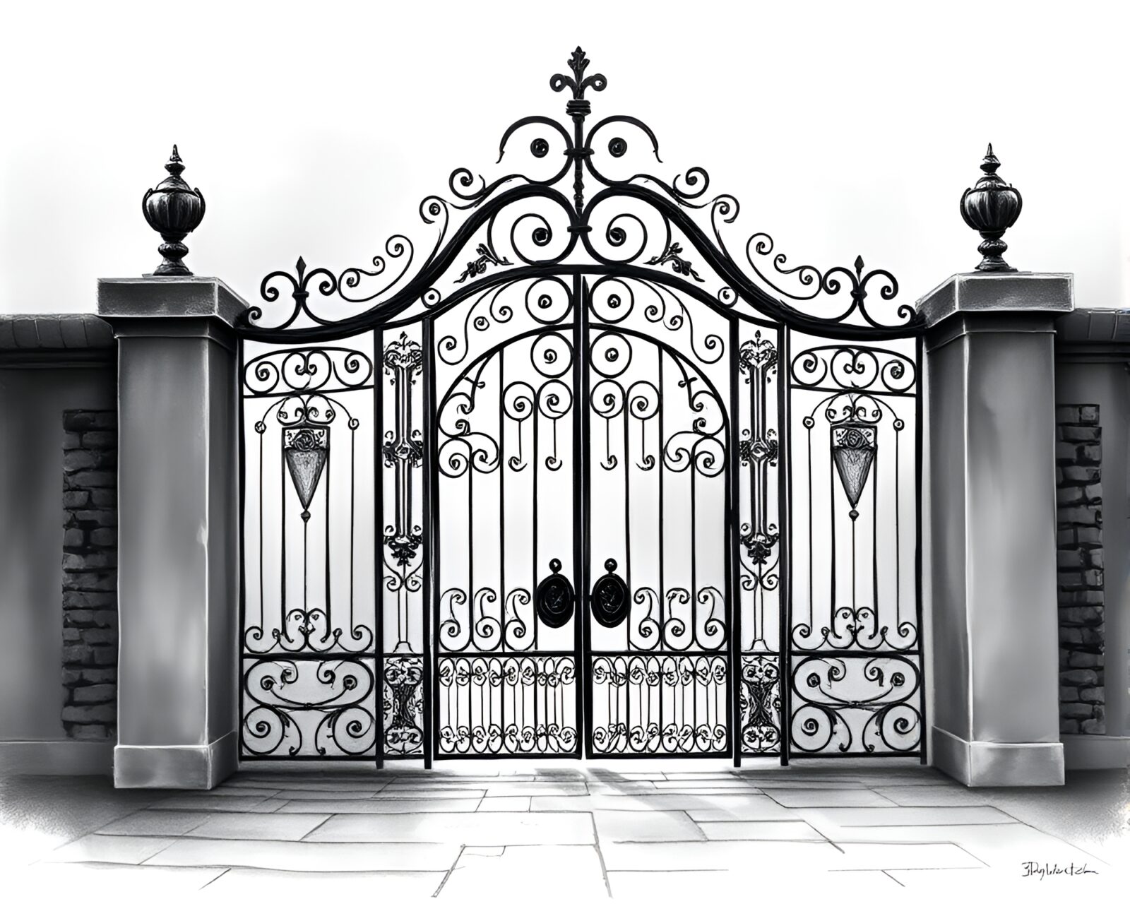Misty air surrounds a detailed etched wrought iron gate.