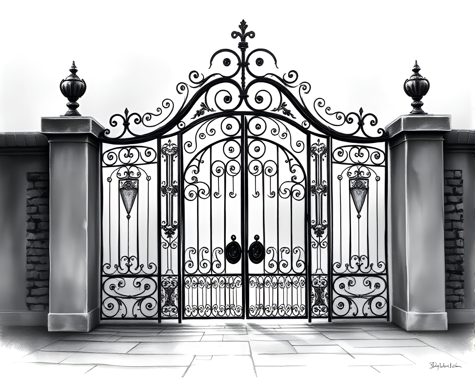 Misty Wrought Iron Gate Fashion Illustration – free AI stock image