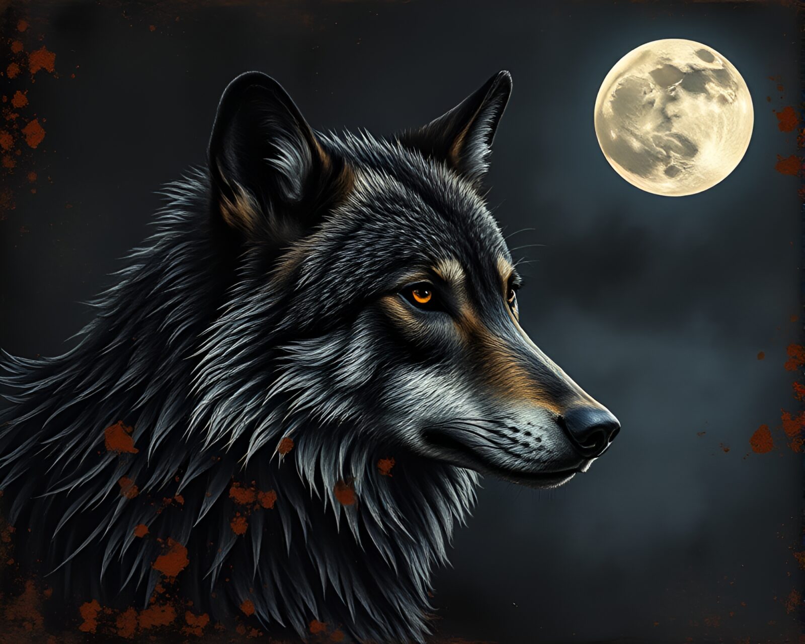 Moonlit wolf standing amidst rusty, patina-covered structures under starry sky