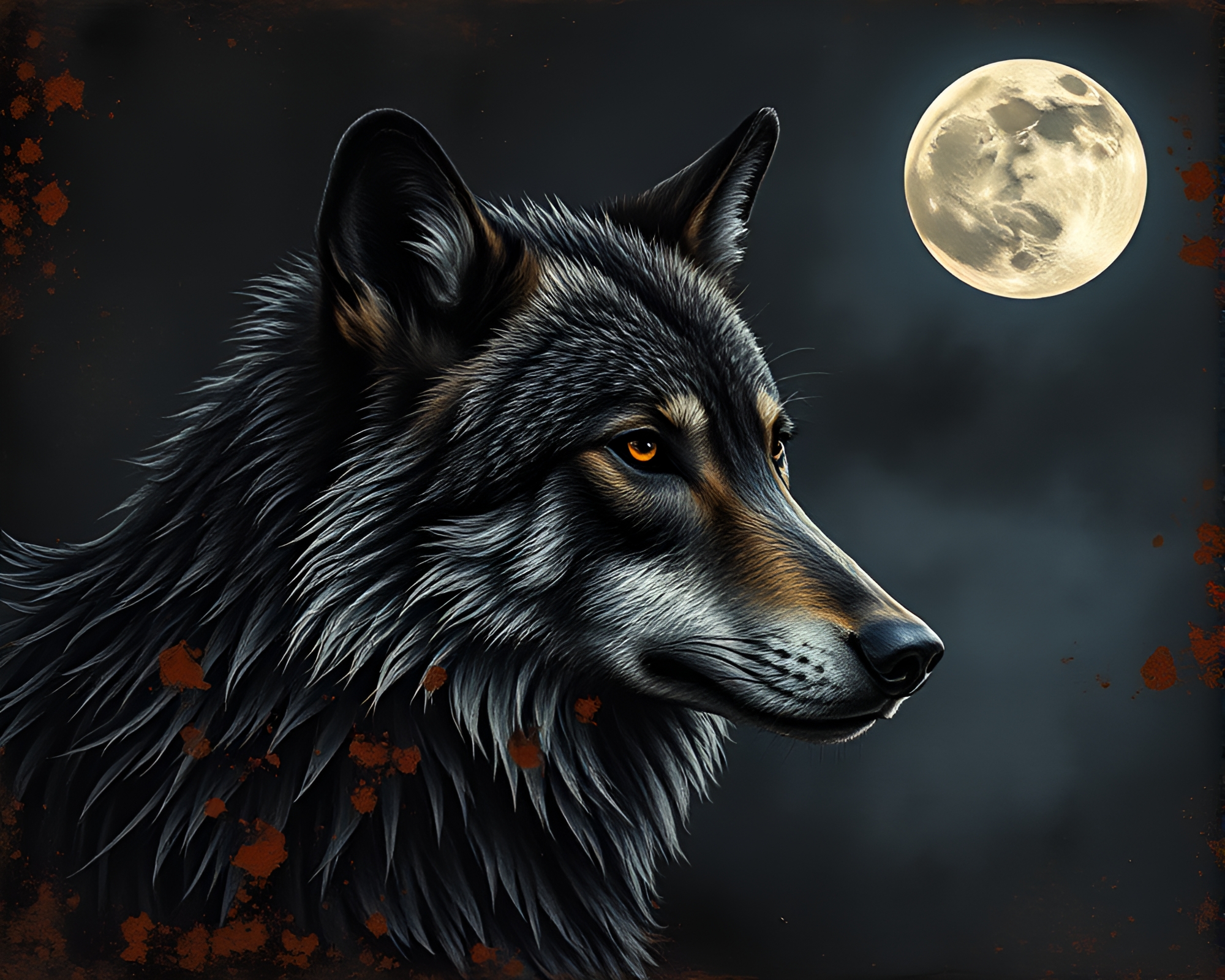 Moonlit Wolf Among Rust Patina Structures in Charcoal Black Night – free AI stock image
