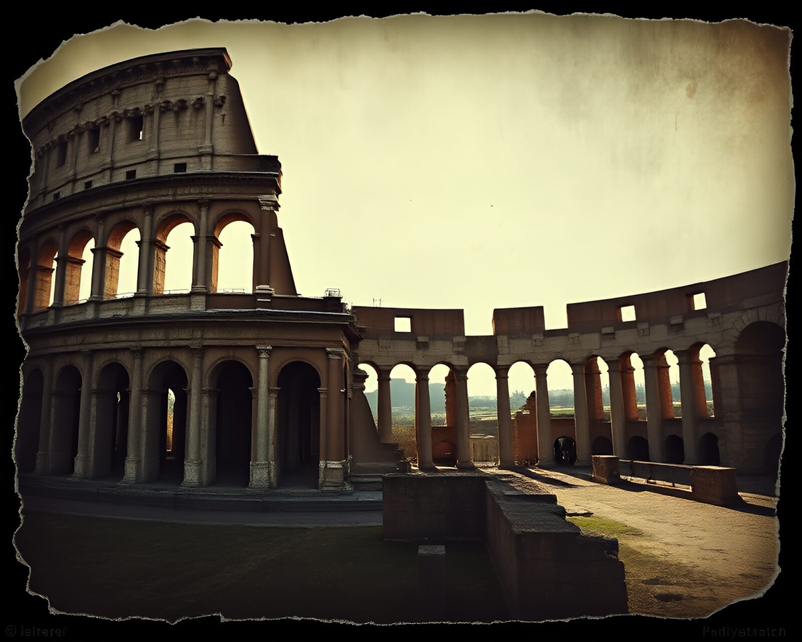A haunting photocollage of a Roman coliseum with torn edges