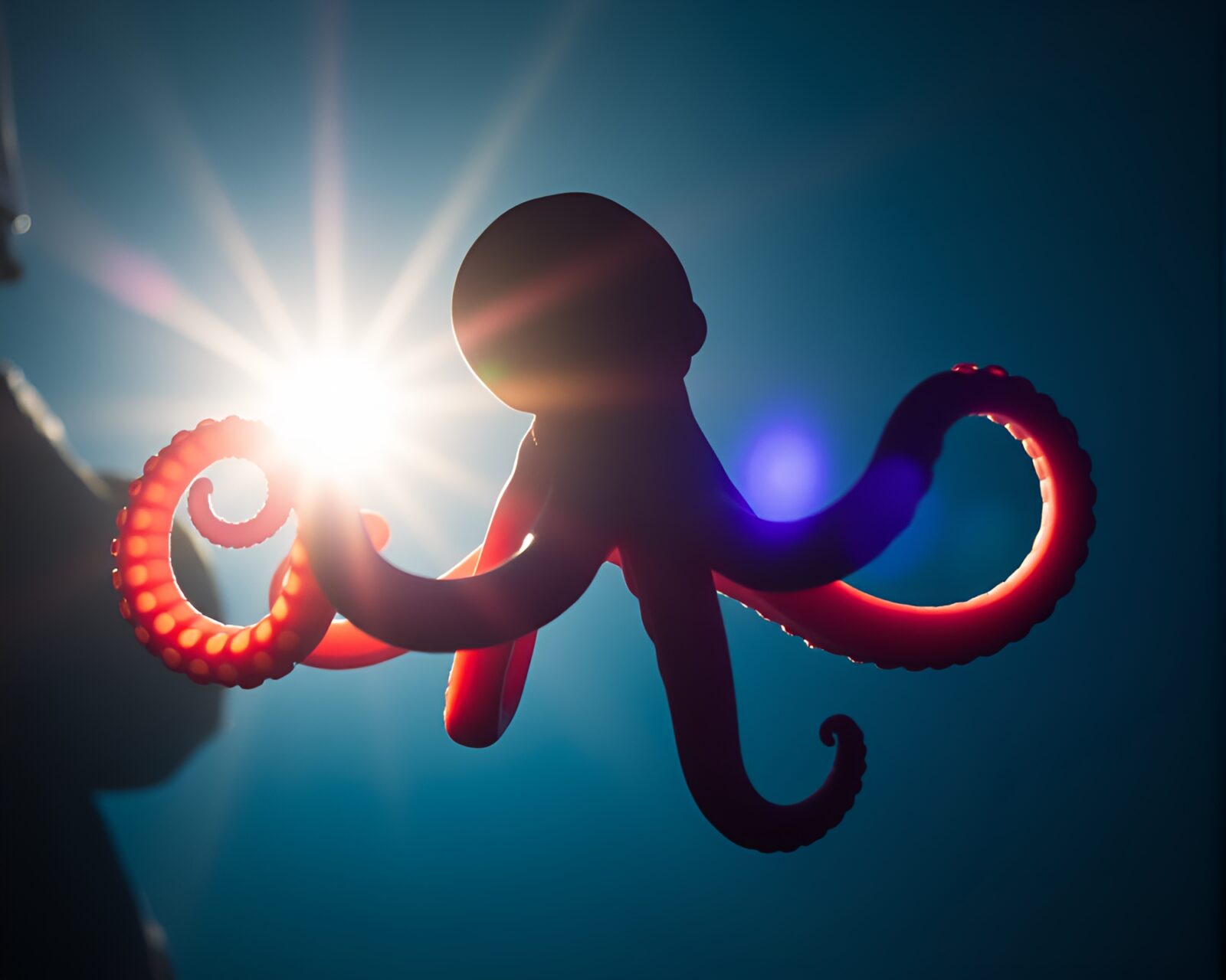 Backlit ultraviolet octopus shadow in surreal underwater scene
