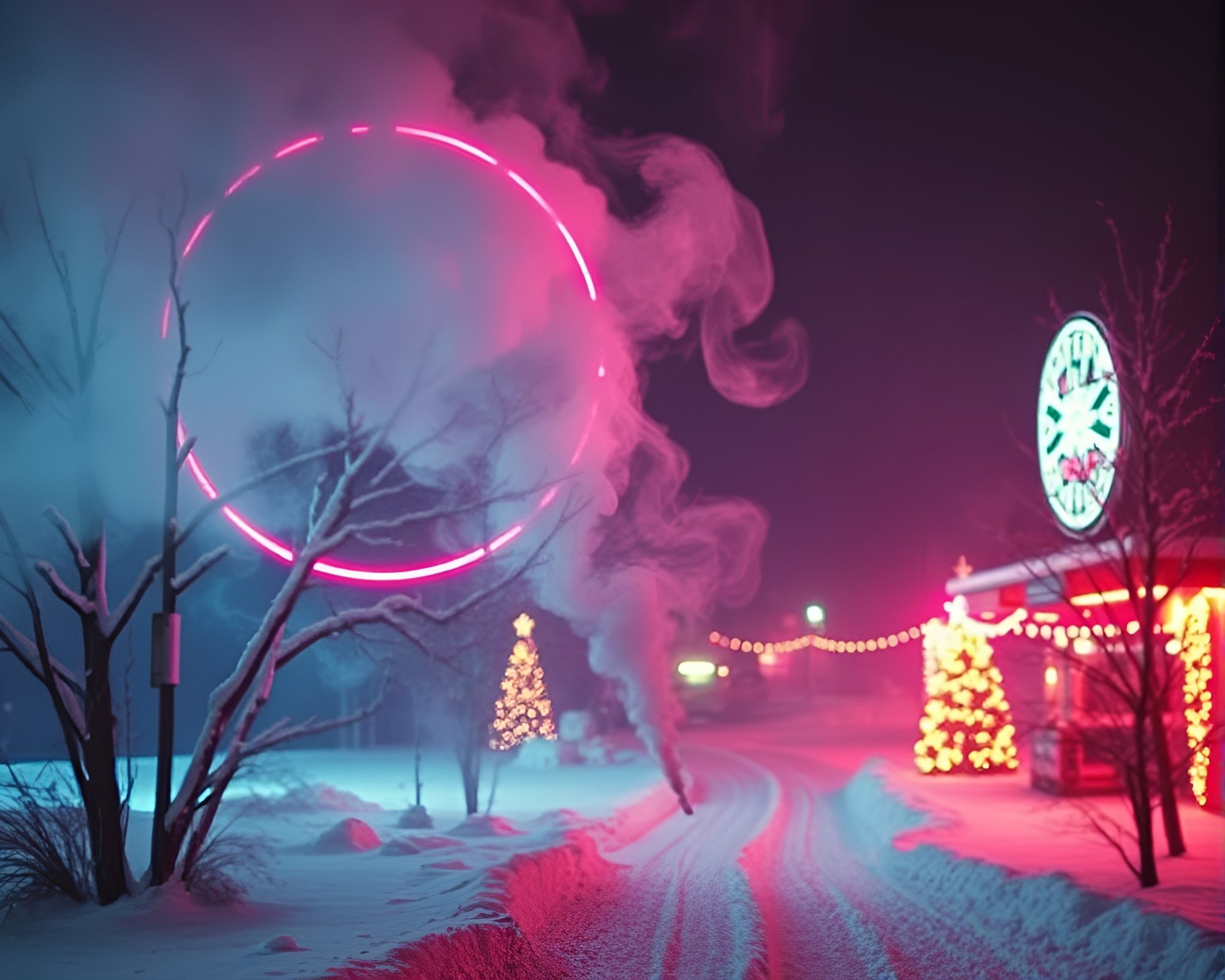 Winter Wonderland Neon Smoke Ring Dadaist Collage – free AI stock image
