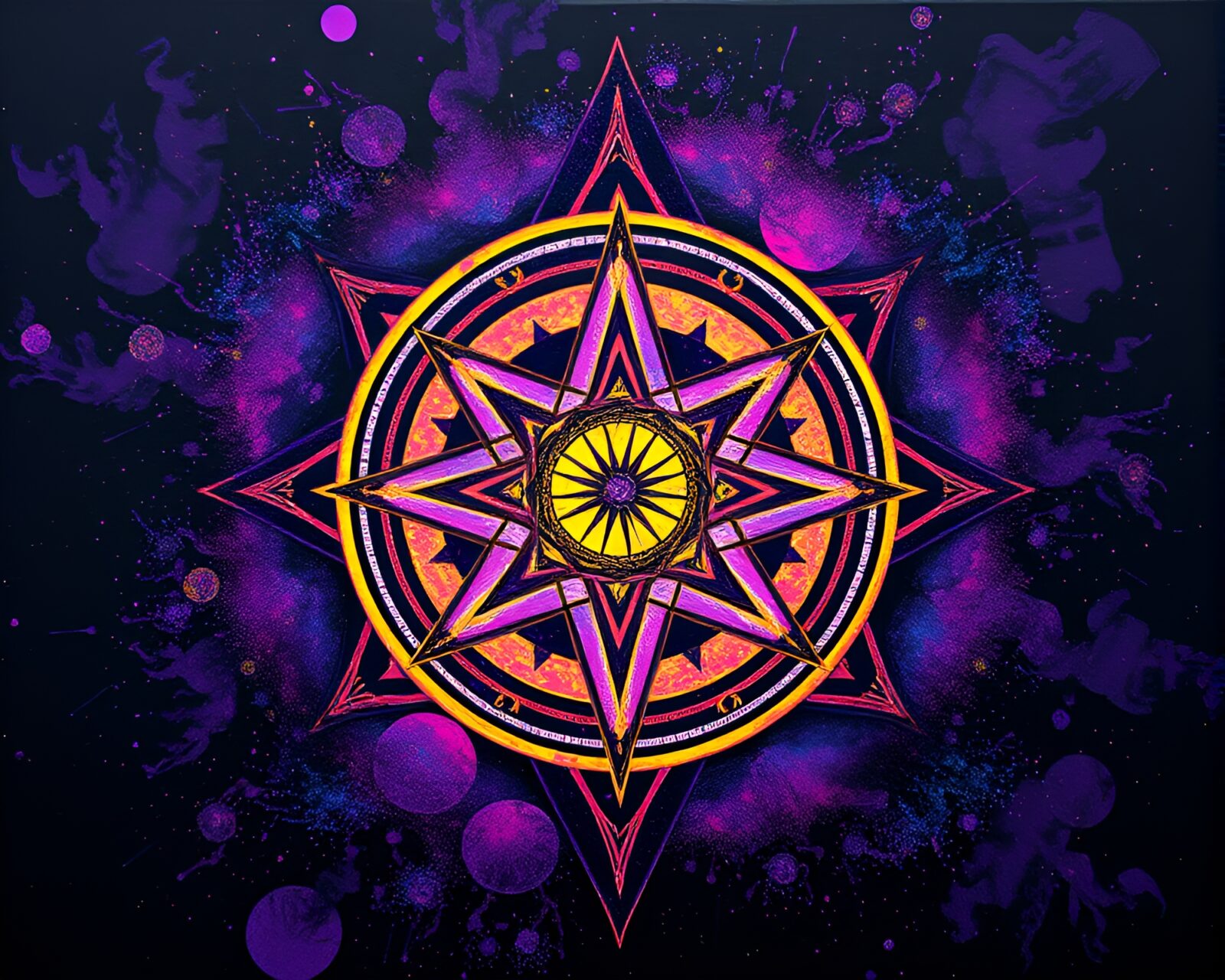 A mystical sigil collage glowing under ultraviolet lights
