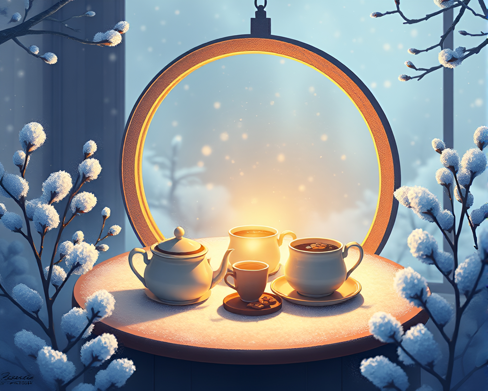 Enchanting Winter Tea Party in Circular Frame – free AI stock image