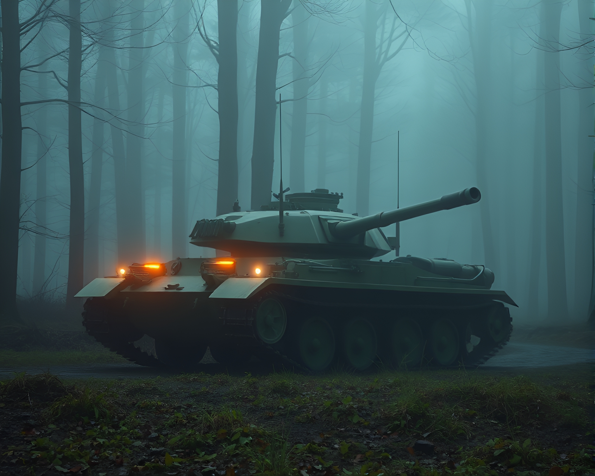 Armored Tank Emerging from Enchanted Forest Mist – free AI stock image